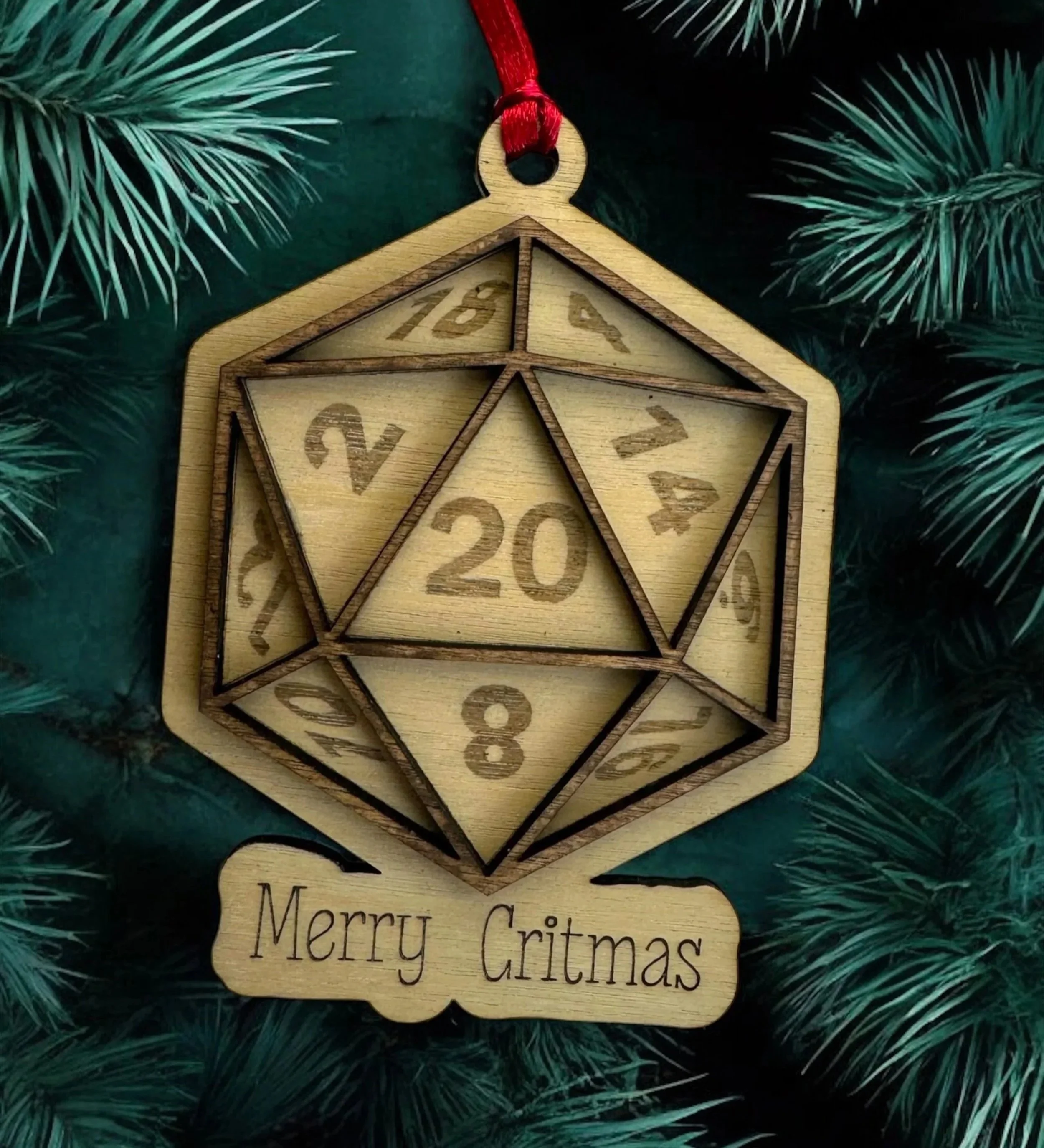 RPG, DnD, D&D Inspired D20 Dice Christmas Ornament – "Merry Critmas"