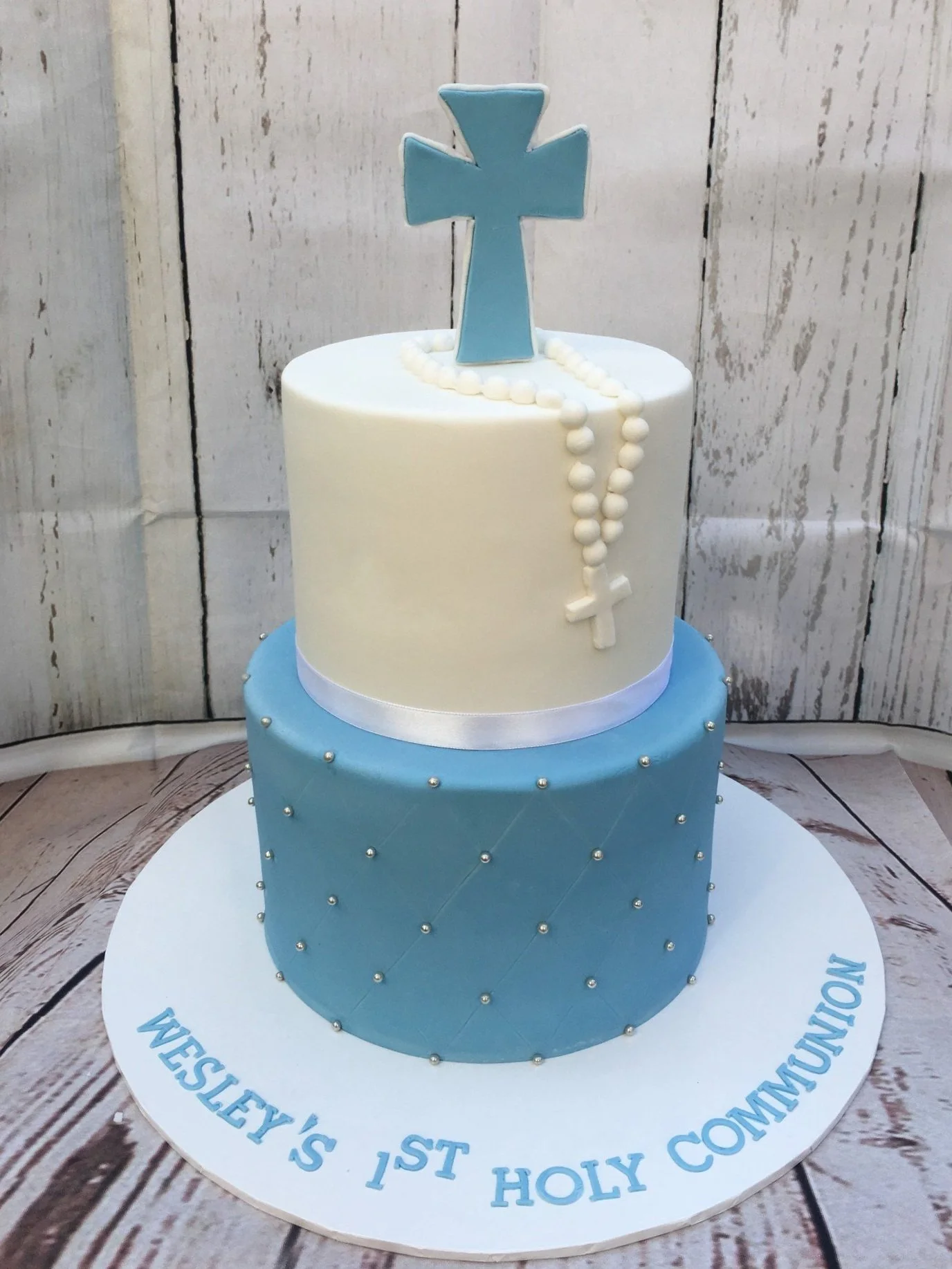 2 Tier Holy Communion Cake - Blue and White