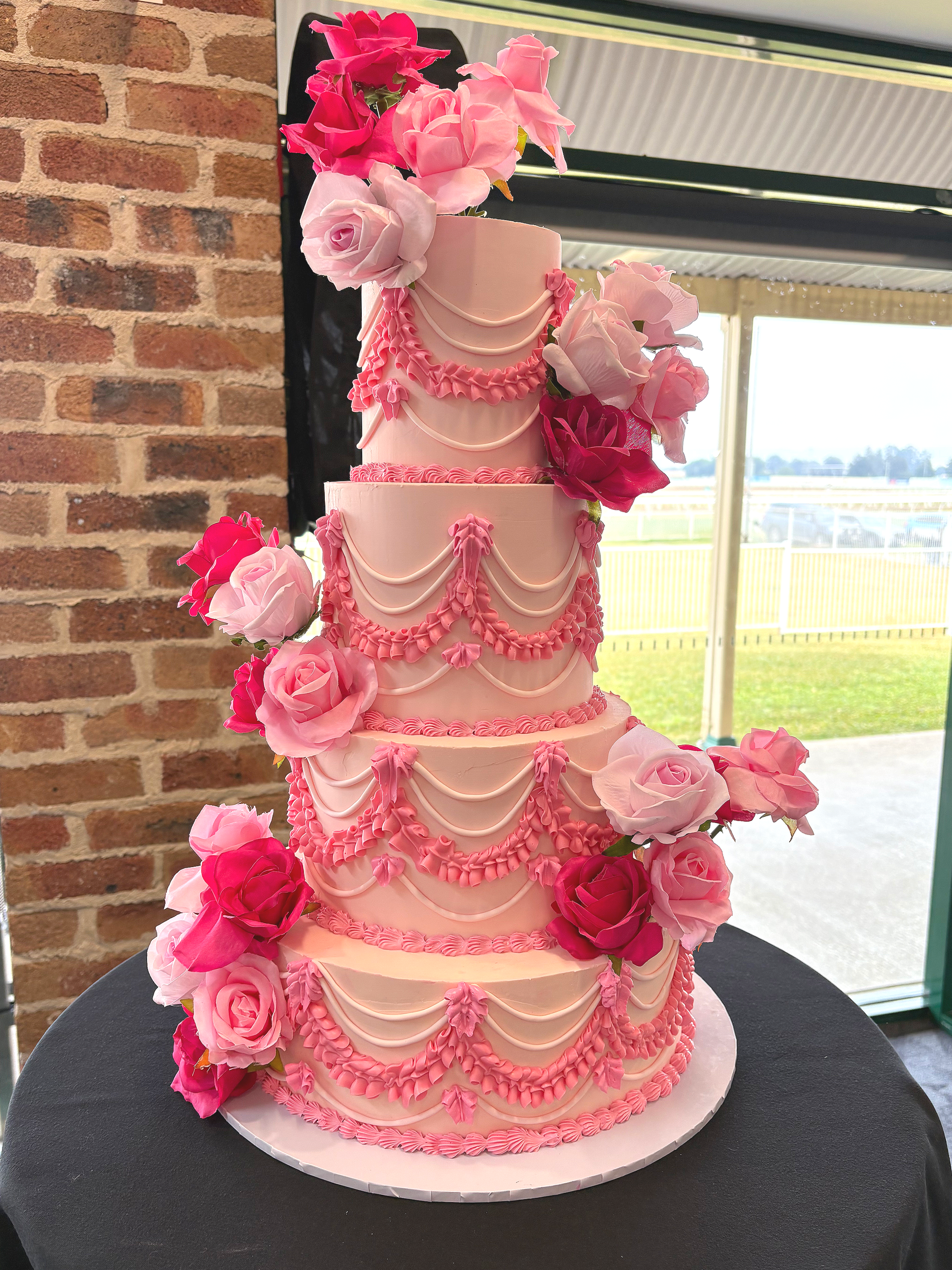 4 Tier Pink Wedding Cake - with ombre roses and vintage piping
