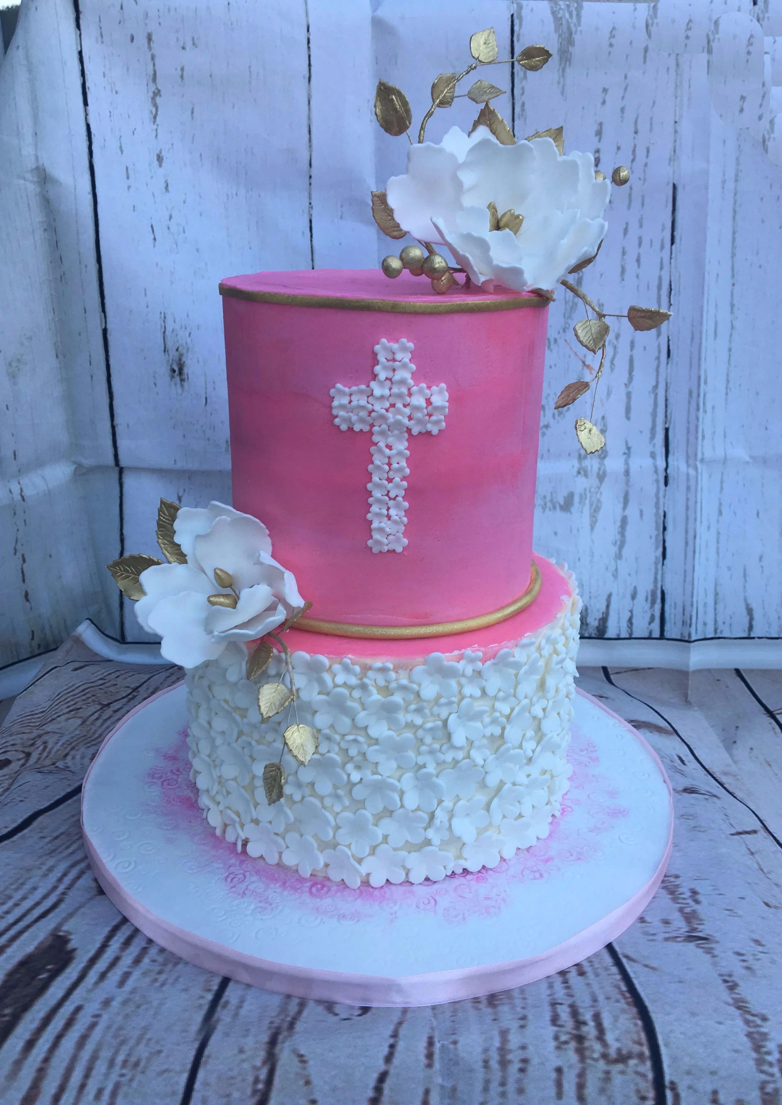 2 Tier Christening Cake - Pink and White