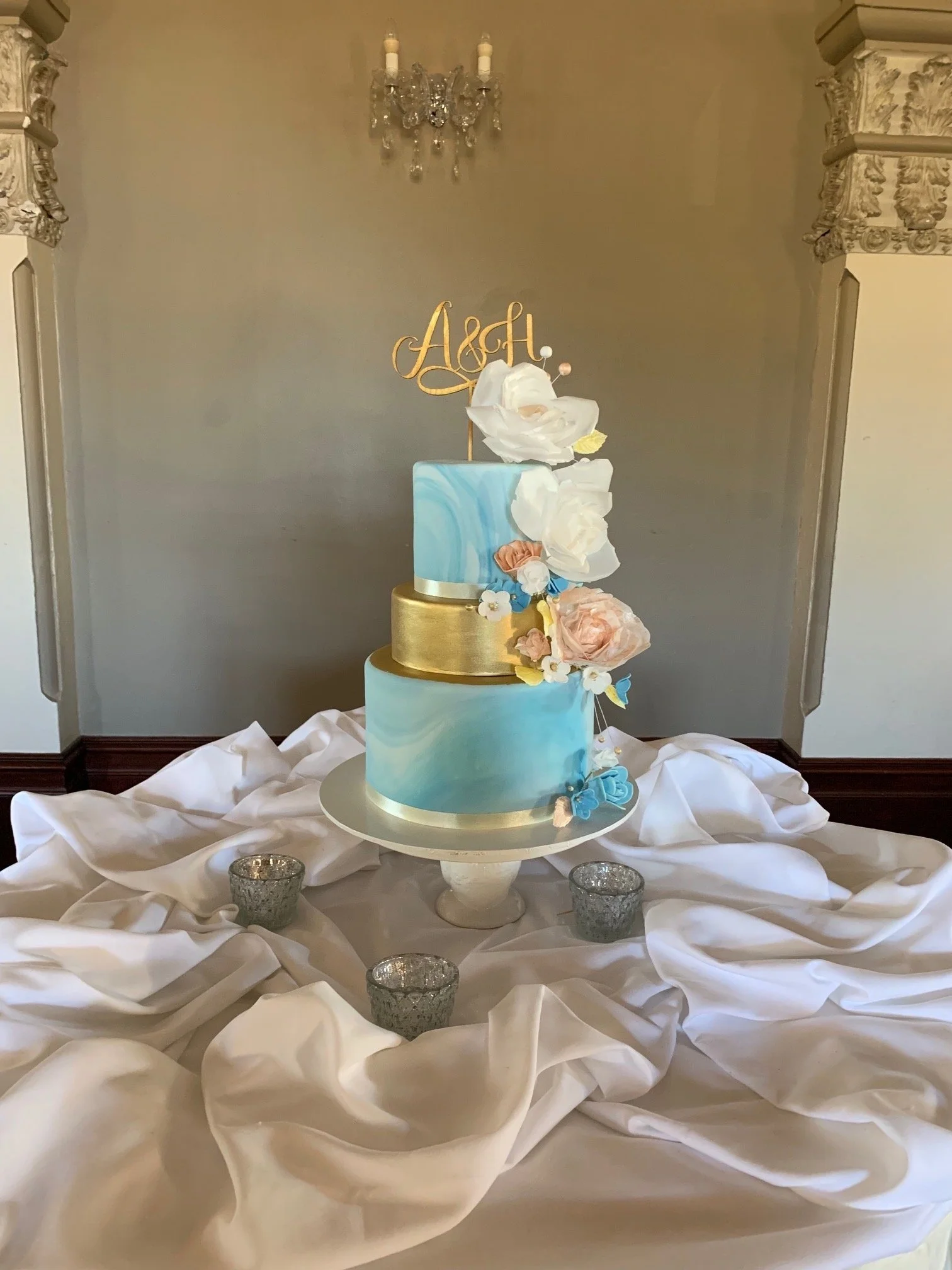 3 Tier Blue Marbled Fondant Wedding Cake