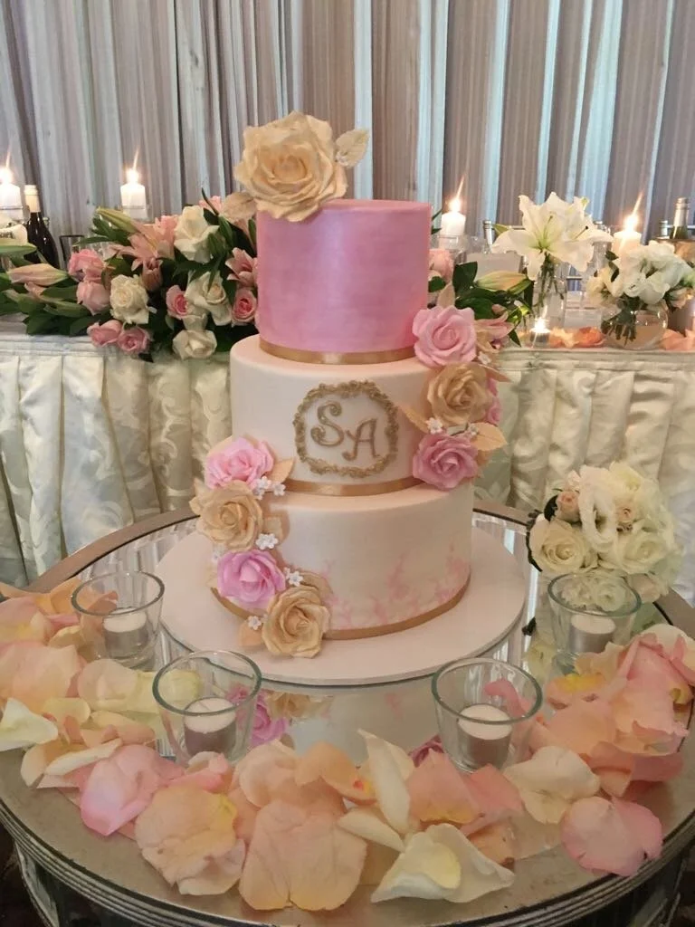 3 Tier Elegant Shimmer with Sugar Flowers Wedding Cake