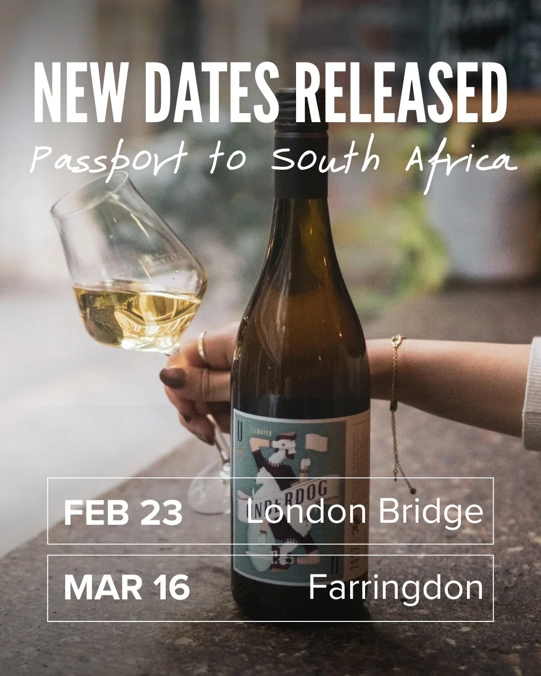 After a brilliant first event, we're excited to add more dates for our new wine tasting format Passport to South Africa. 
 
Join us for one hour, taste three wines and a classic SA food stable, and learn about the the stories that brought them halfwa