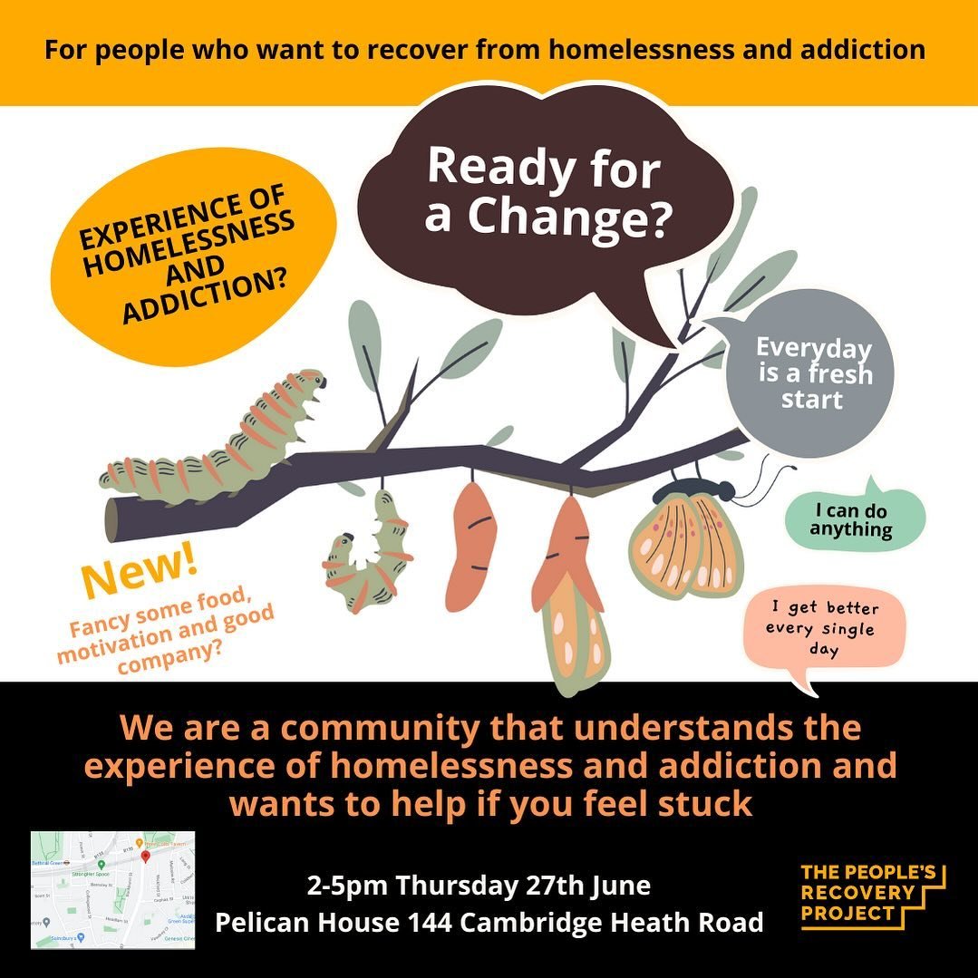 LAST THURSDAY OF THE MONTH: 2 to 5pm

We are going to go be running monthly drop in sessions at Pelican House on the last Thursday of the month.

Do you know people experiencing homelessness and addiction who want to explore treatment and recovery op