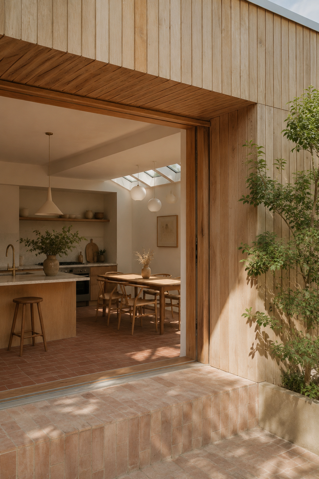 Rear extension, sliding garden door, brick pavement, timber cladding facade
