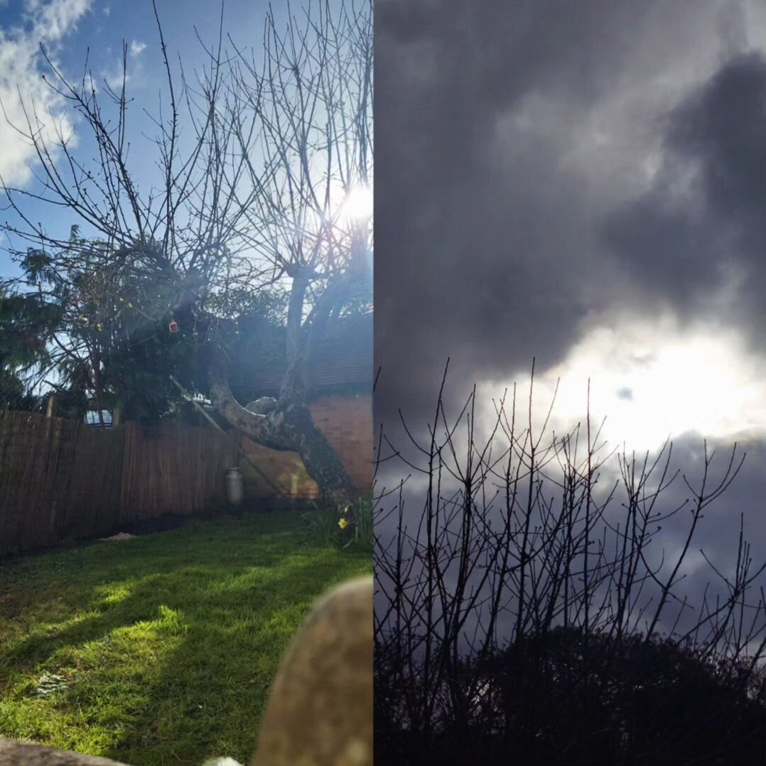 Something's brewing....

Same sky, three minutes apart. 
Today I basked in glorious 6am sunshine and listened to hail storming down my chimney.

It's as though nature's siblings Winter and Spring are bickering for the TV remote.

According to every s