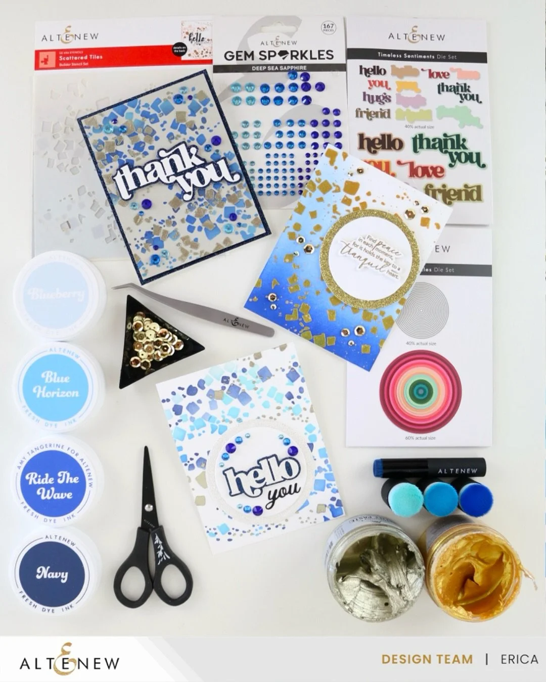 Shades of blues + shimmer + texture + ONE stencil set = three different cards. A little bit of this and that, some sparkle and glitter, layers and pops of colour. What else do you need? #altenew #altenewllc #cardmaking #cardmakingideas