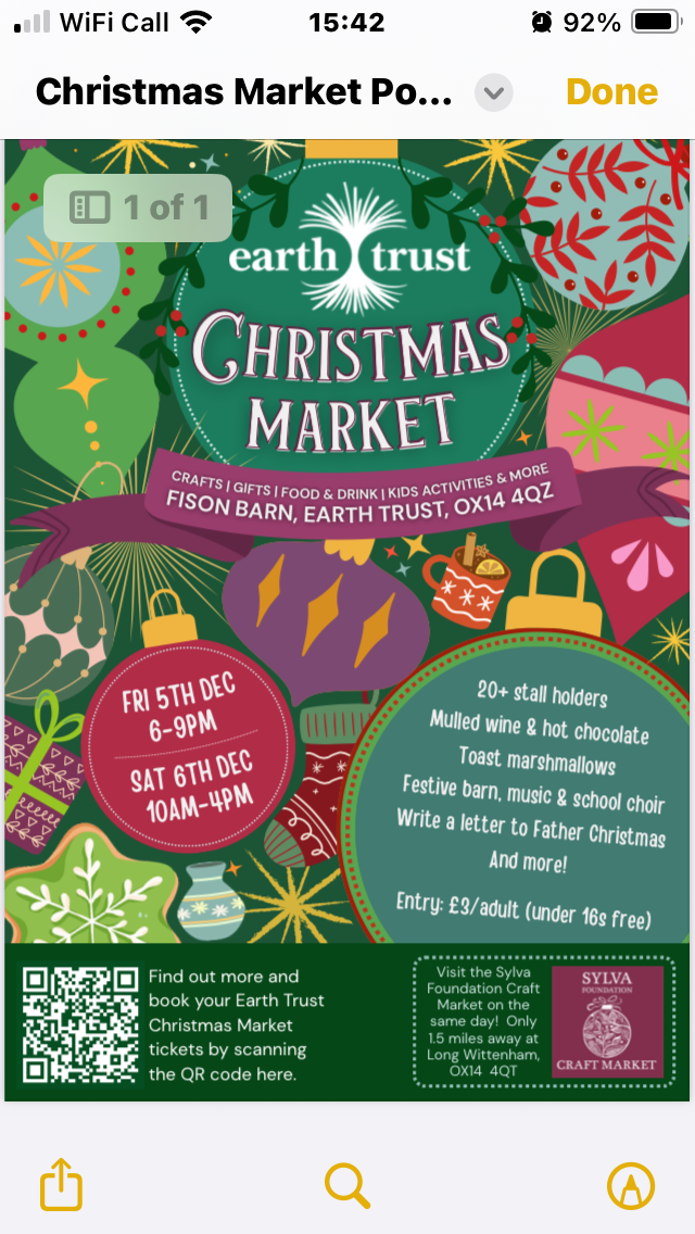Flyer for Earth Trust Christmas Market at Fison Barn, featuring event dates and times, activities like mulled wine and marshmallows, with festive Christmas-themed graphics and a QR code for tickets.