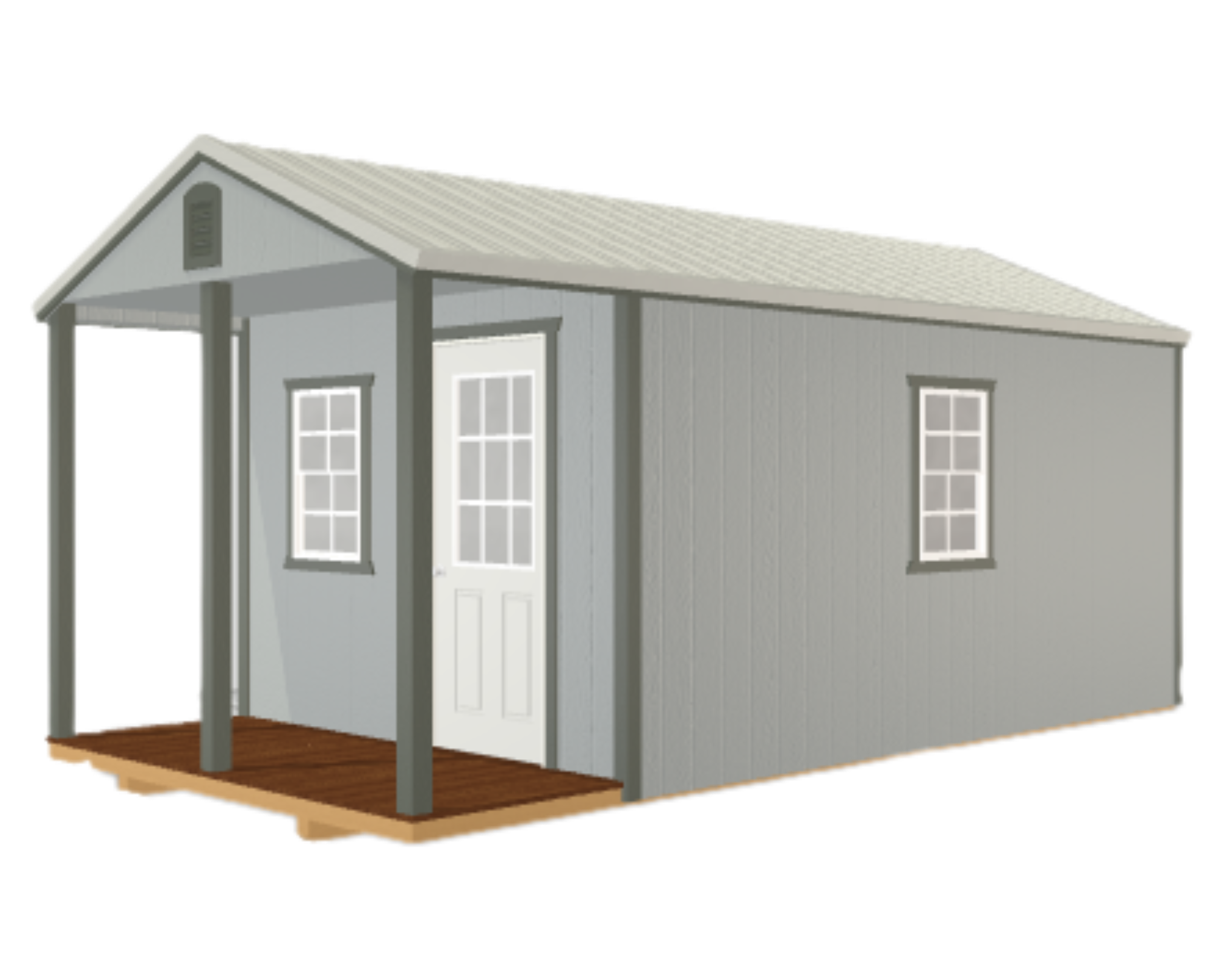 A small gray wooden shed with a gable roof, two windows, and a white door, sitting on a wooden platform.