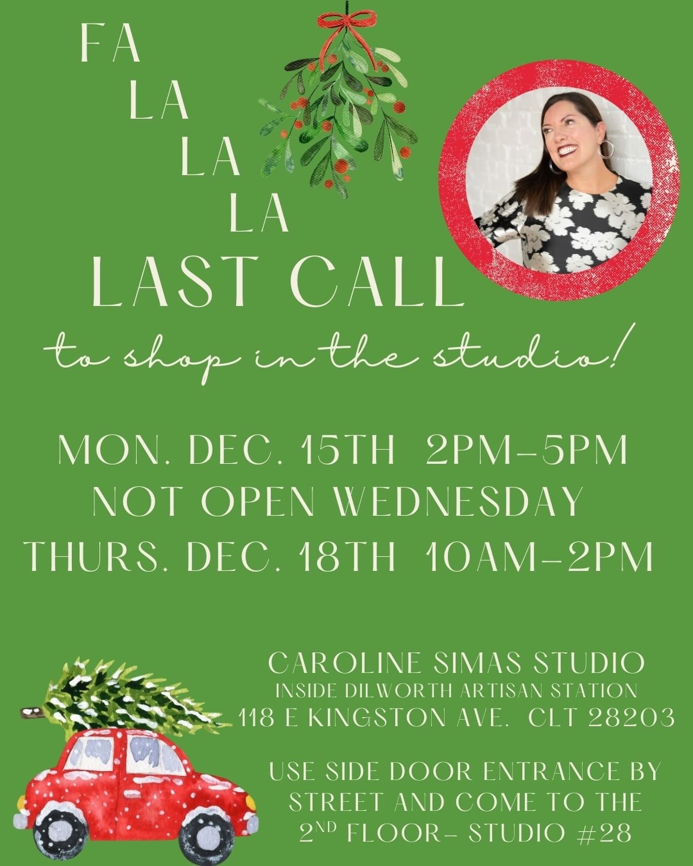 IMPORTANT UPDATE! Revised hours this week! Hope to see you soon! Thanks for shopping small and supporting the work of my hands and heart! 🎄❤️👩🏻&zwj;🎨