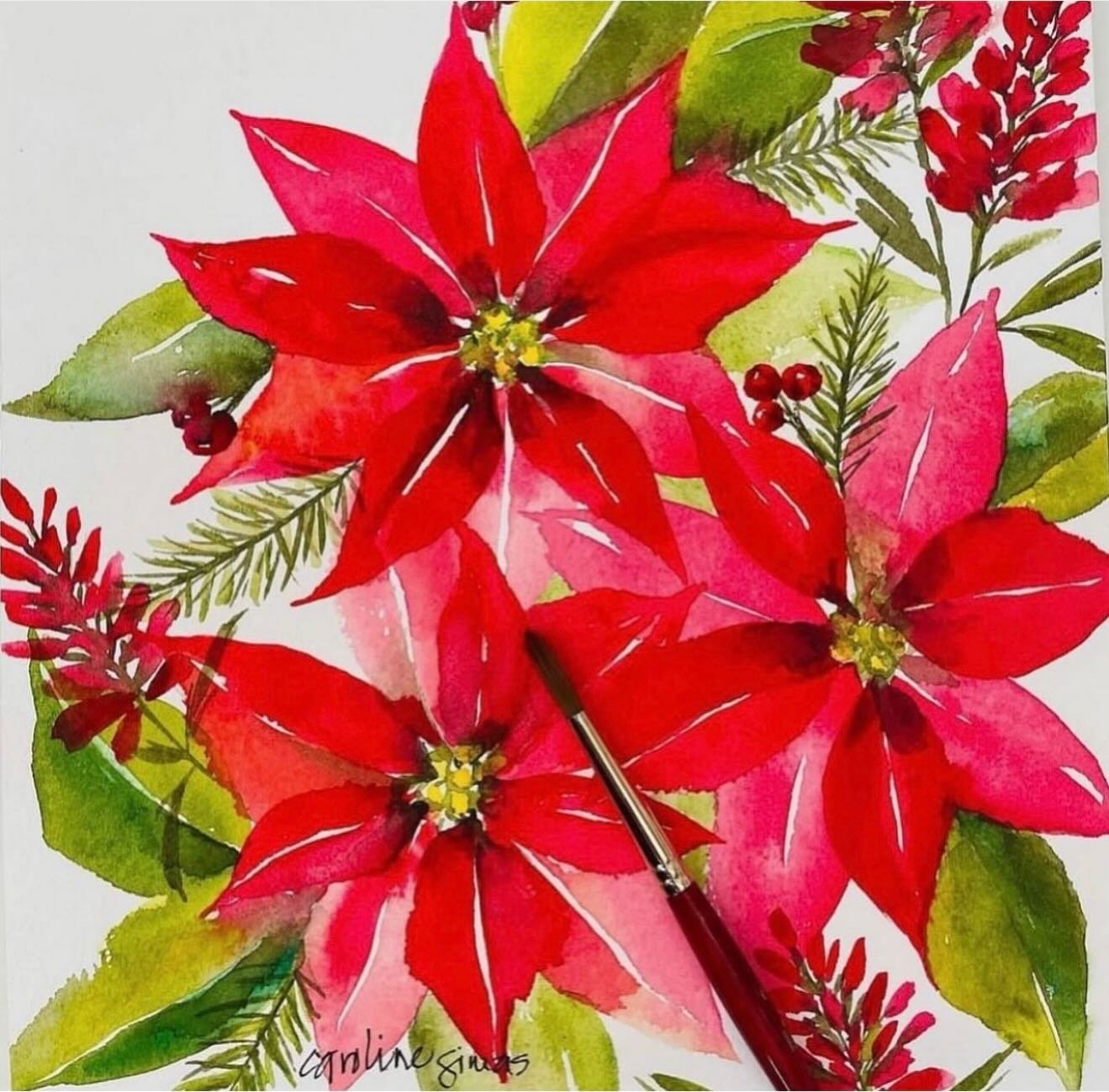 M E R R Y &amp;  B R I G H T 👩🏻&zwj;🎨❤️🎄🎨
Who else loves to paint pretty poinsettias? 
PS: Hope you saw the updated studio hours in the last post. Closed today. Tomorrow- Thursday, Dec 18th 10am-2pm is the final day to come shop in the studio be