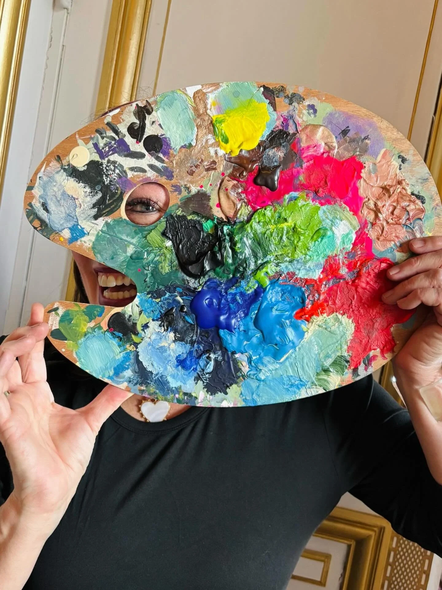 Peek a boo from behind my dreamy artist palette in France @studio_chateau_orquevaux @chateau_orquevaux Wrapping up final projects and will tour each other&rsquo;s studios later today then celebrate our two weeks together this evening. I&rsquo;ve save