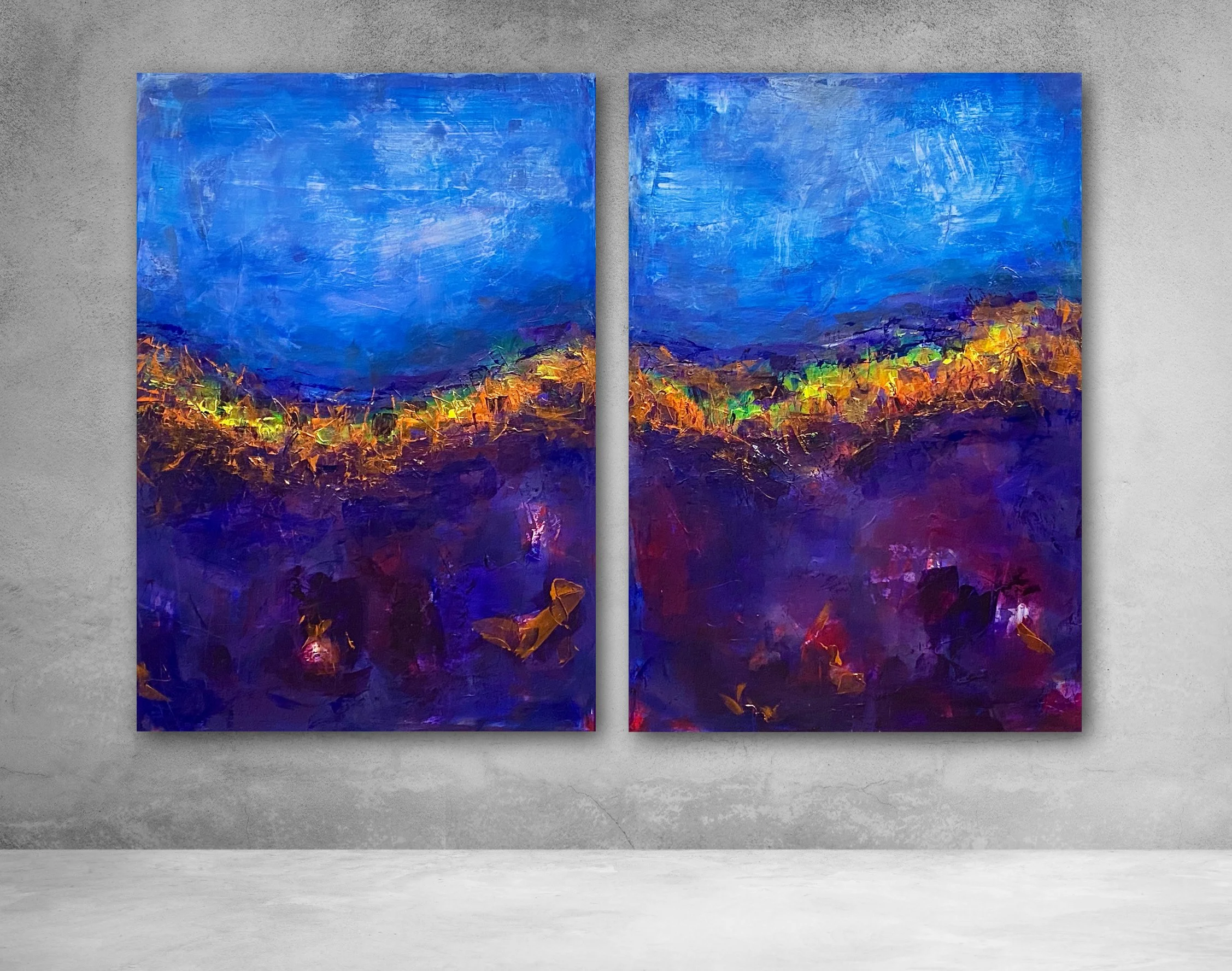 Heike Ponge | Blau Violett und Kupfer auf Leinwand | 2x 90x130cm