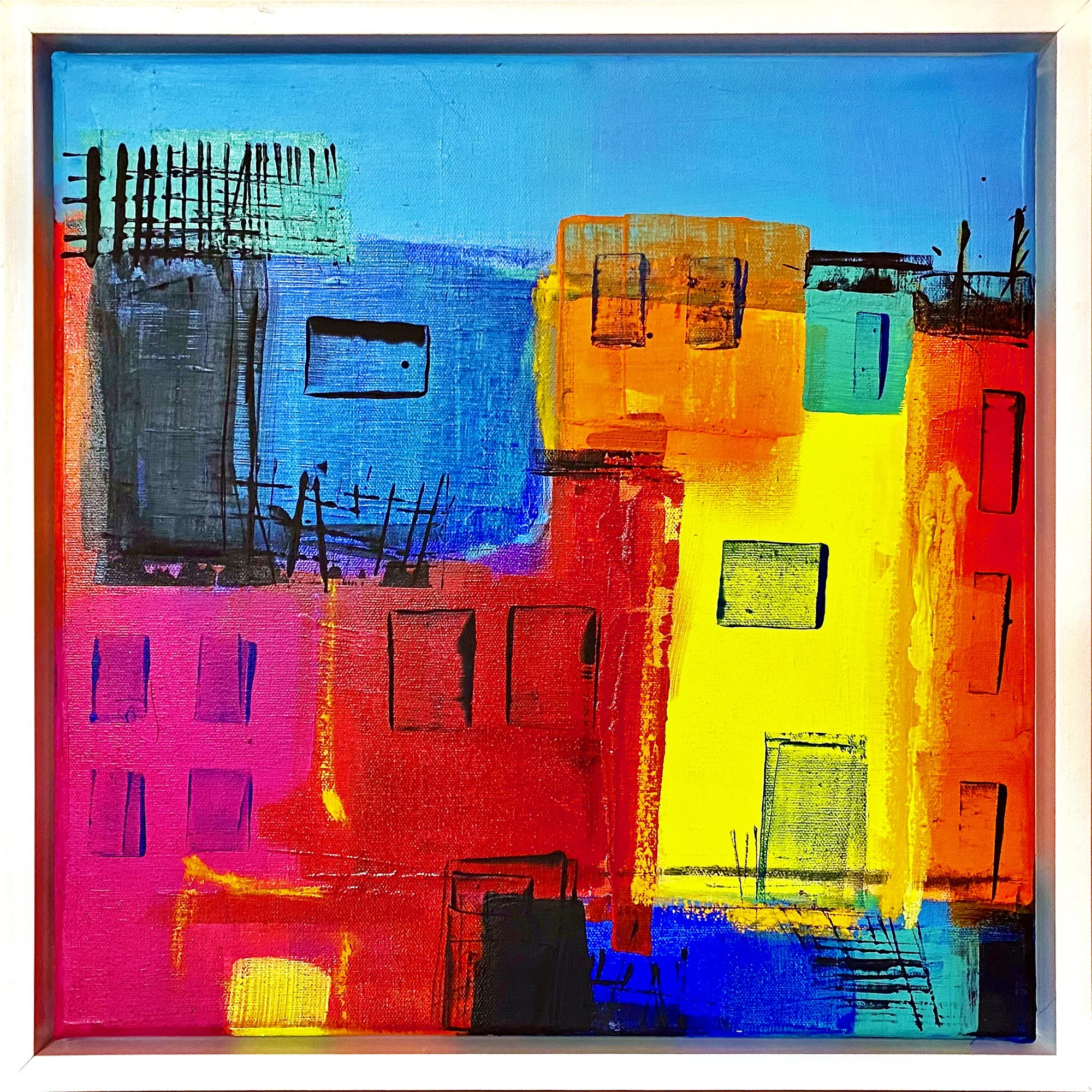 Kleine Stadt Nr. 1 | Acrylfarben auf Leinwand | 40x40cm | Rahmen weiß