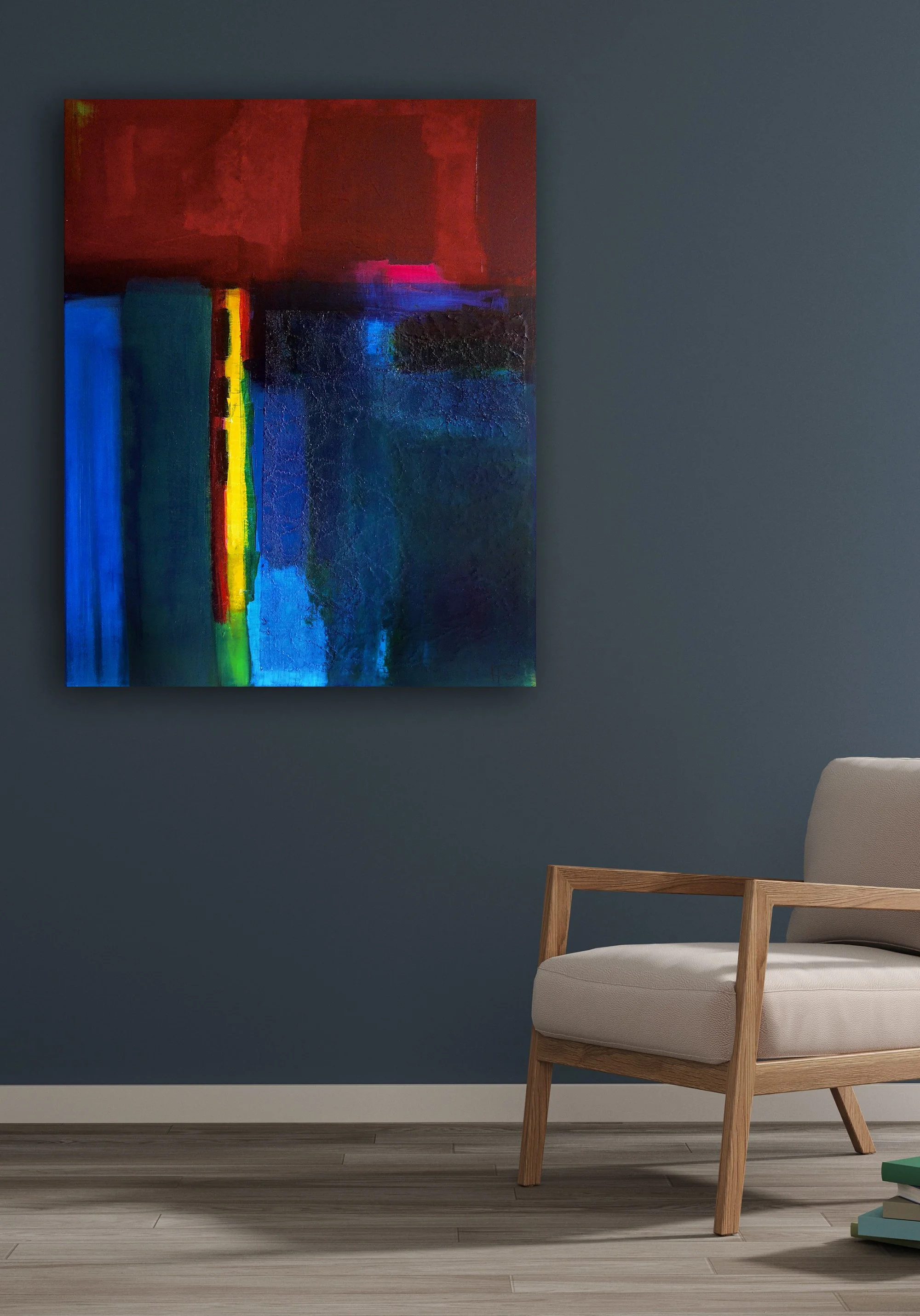 Heike Ponge | Blau und Rot mit gelbem Streifen auf Leinwand | Interior