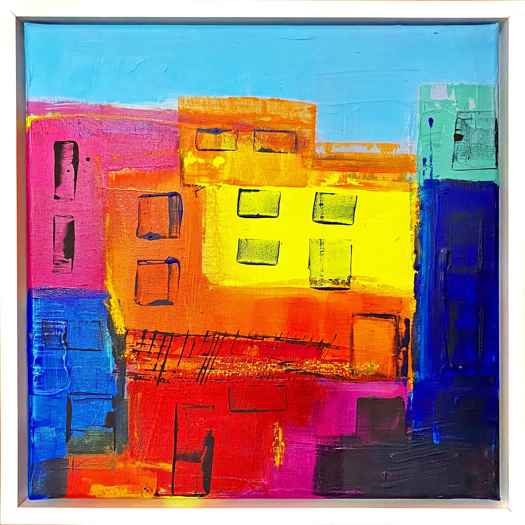 Kleine Stadt Nr. 2 | Acrylfarben auf Leinwand | 40x40cm | Rahmen weiß