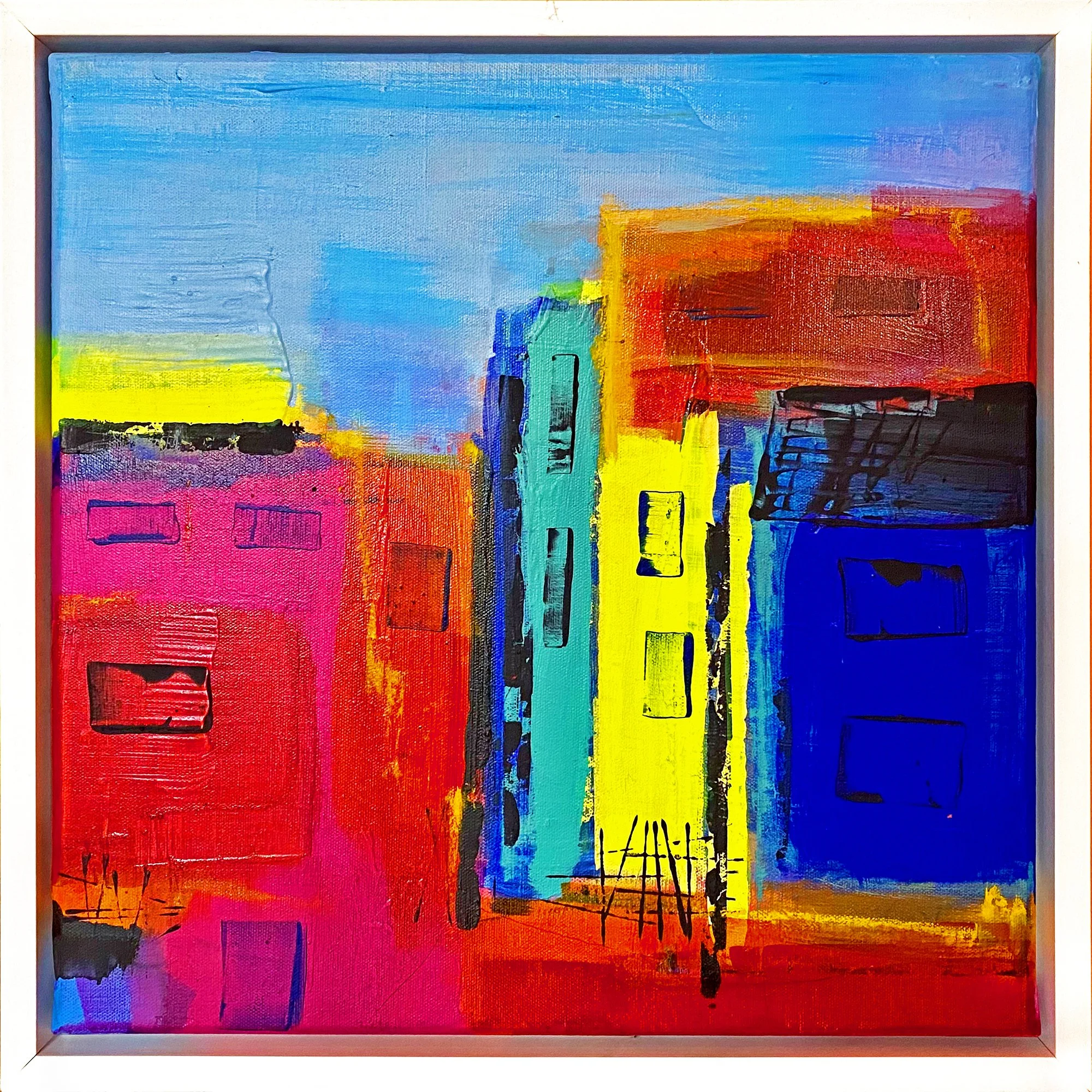 Kleine Stadt Nr. 4| Acrylfarben auf Leinwand | 40x40cm | Rahmen weiß