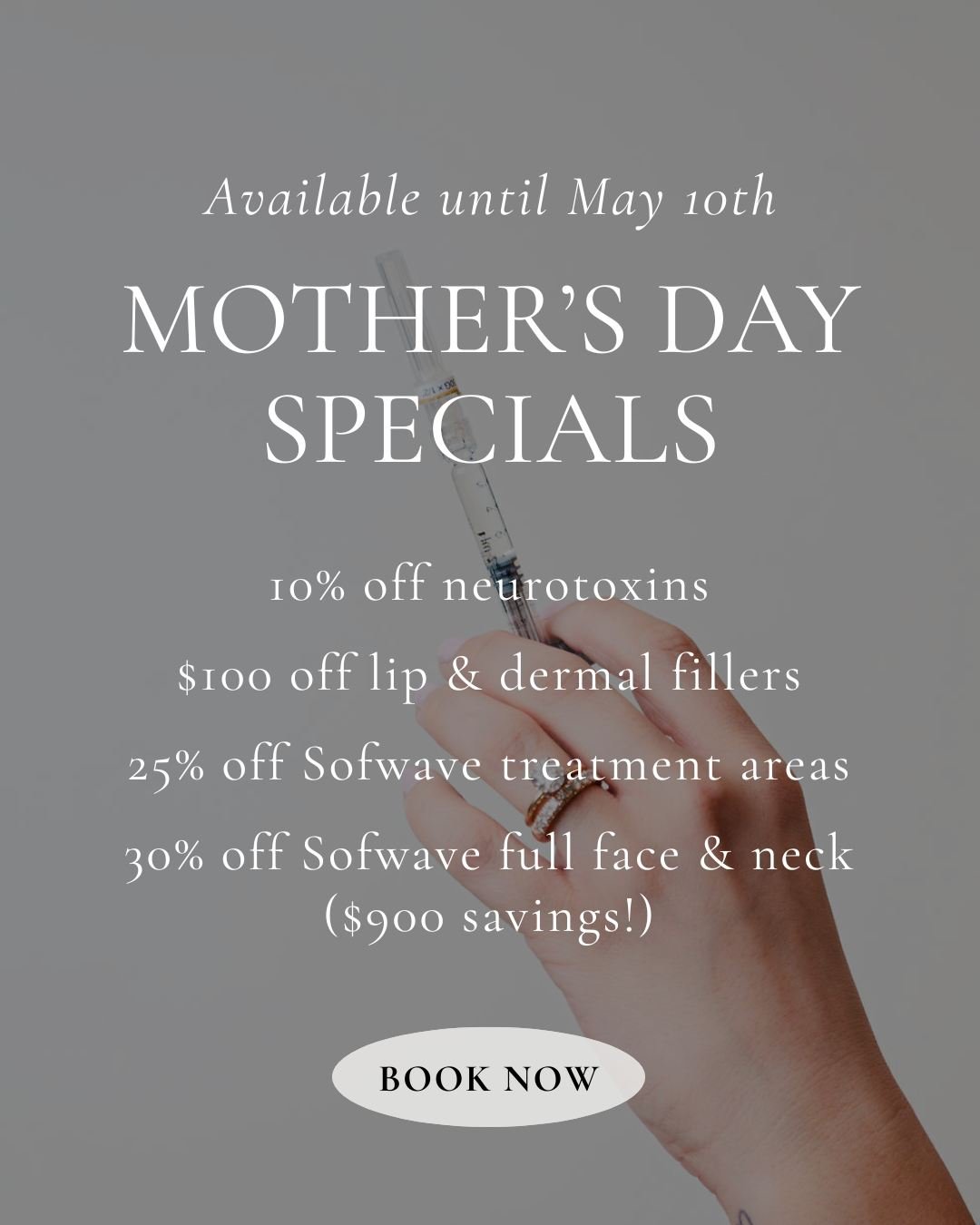 Just a friendly reminder: our Mother's Day Specials are ending soon!

You only have a few more days to take advantage of these deals:

✨ 10% off all neurotoxin treatments
💋 $100 off lip filler &amp; dermal fillers
🌟 25% off all Sofwave treatment ar