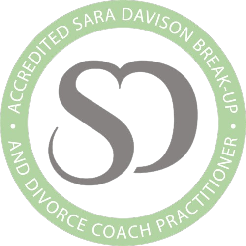 Logo of SD surrounded by a green circle with text 'Accredited Sara Davison Break-up and Divorce Coach Practitioner'.