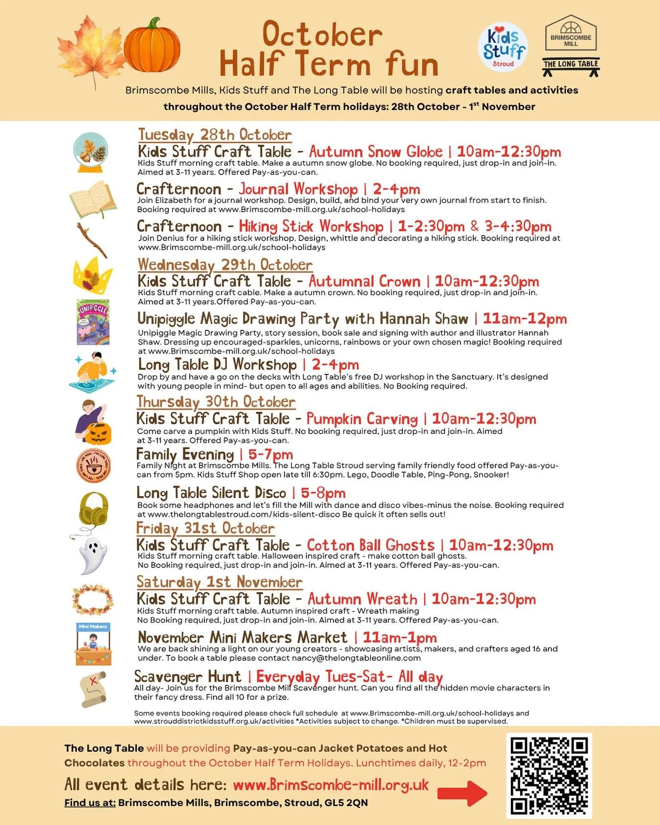 🍁October Half Term is almost upon us 🍁

Here is a reminder of everything that is happening at Brimscombe Mill this coming half term. 

Join us at @brimscombemill @thelongtablestroud @stroudkidsstuff for a week of autumn themed activities and events