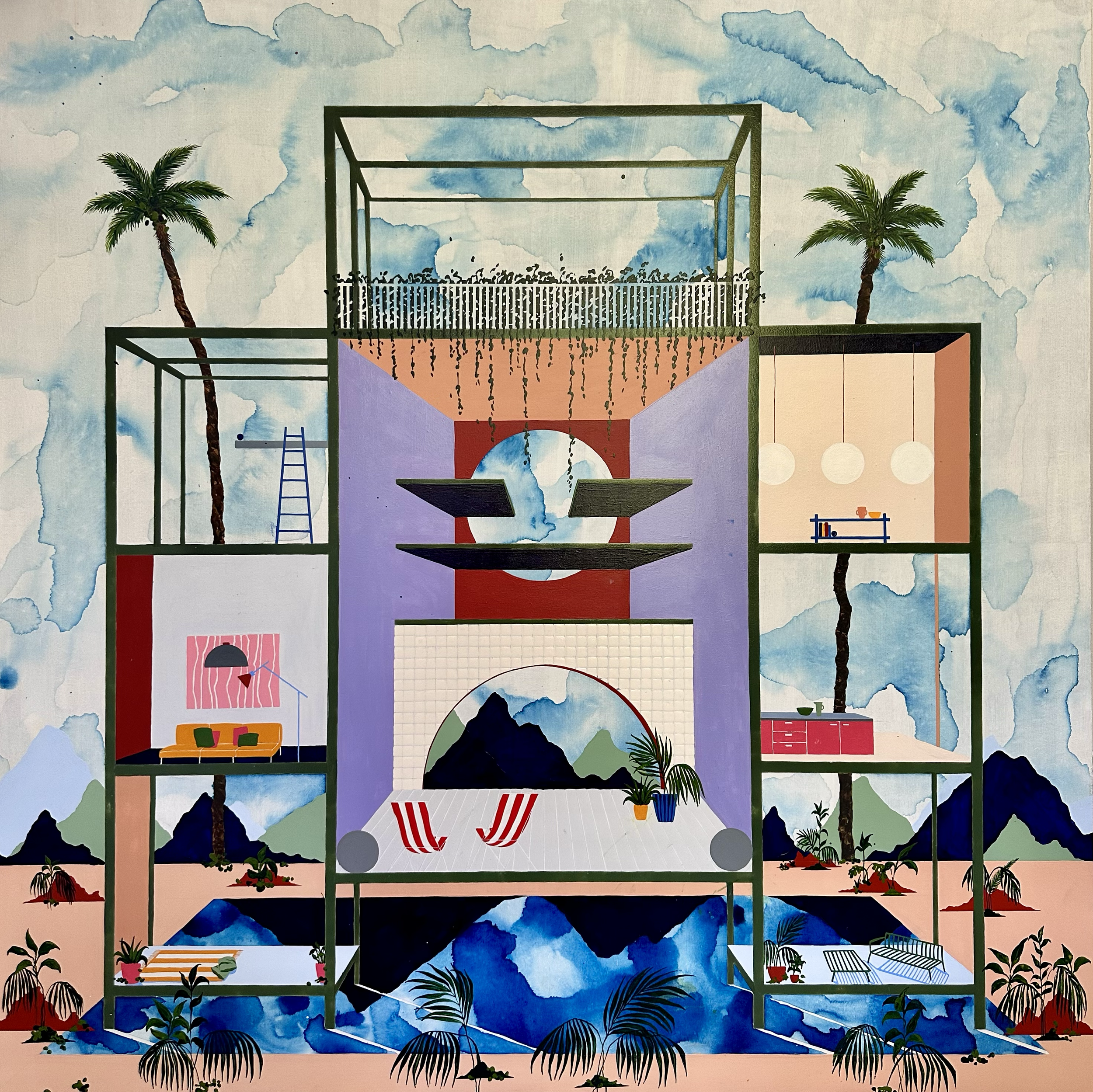 Emily Liked it Here, 2023
Acrylic and watercolour on board 100cm x 100cm AVAILABLE