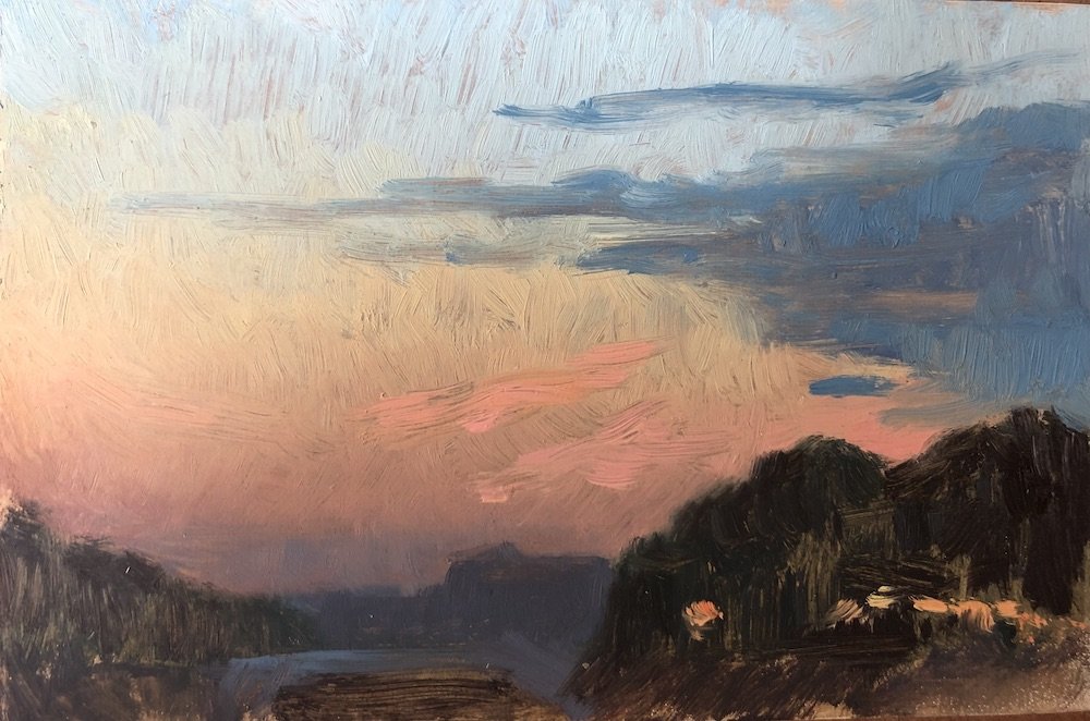 Sunset over the Arno 7/06/23, Oil paint on panel, 15 x 10 cm, 2023