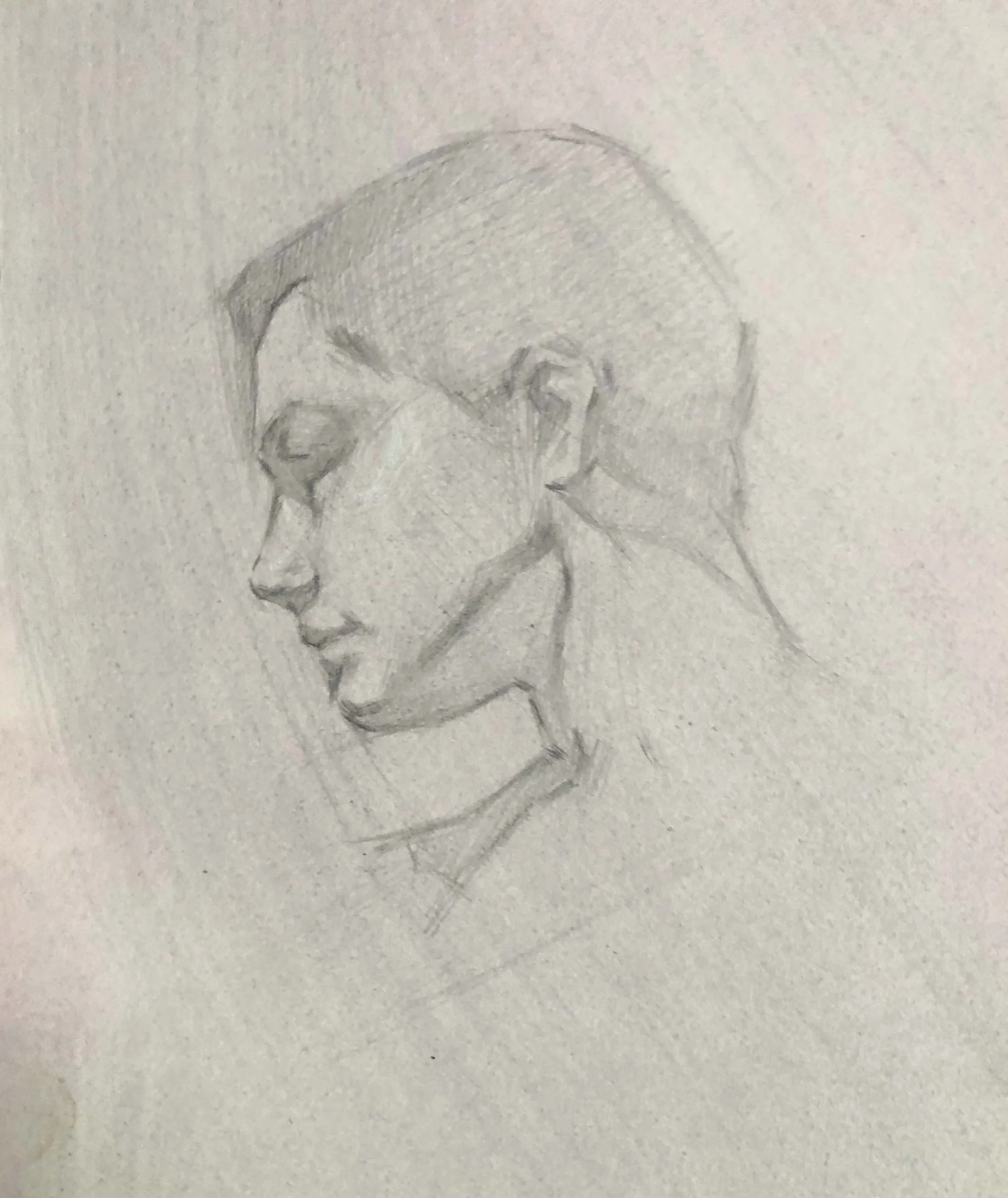 Portrait study, graphite and white chalk on hand-toned paper, 15x20cm, 2025