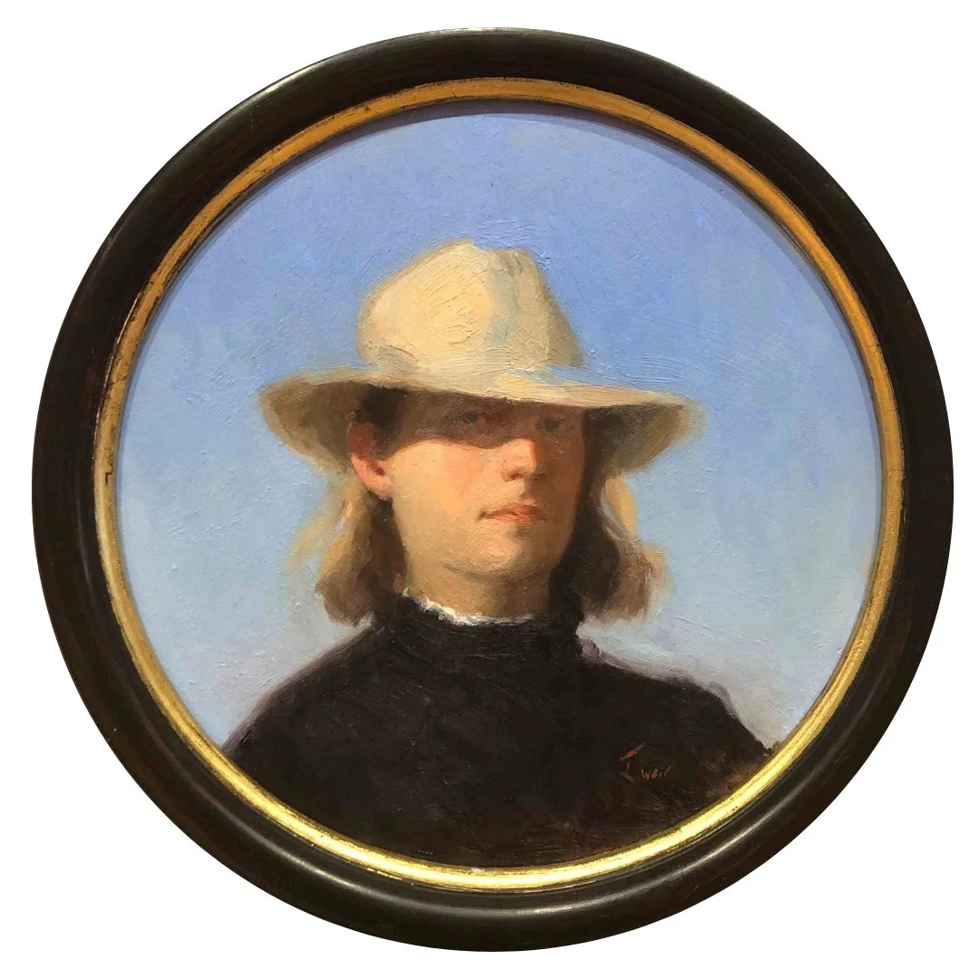‘Winter light’ an outdoor self portrait inspired by Kroyer and made in preparation for “Return to the sea”, oil on panel, 30cm diameter, 2024