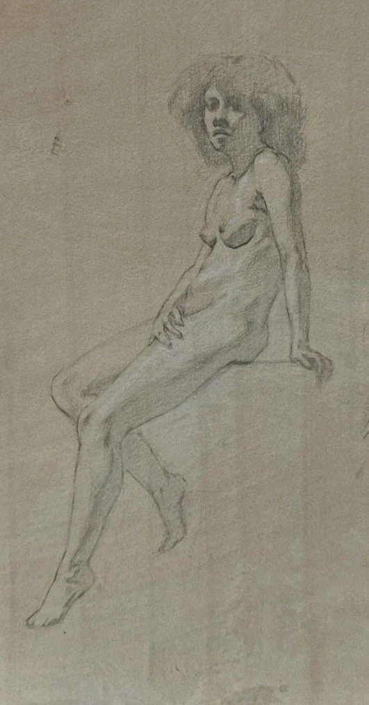 Figure drawing, graphite and white chalk on hand-toned paper, 19x36cm,  2025