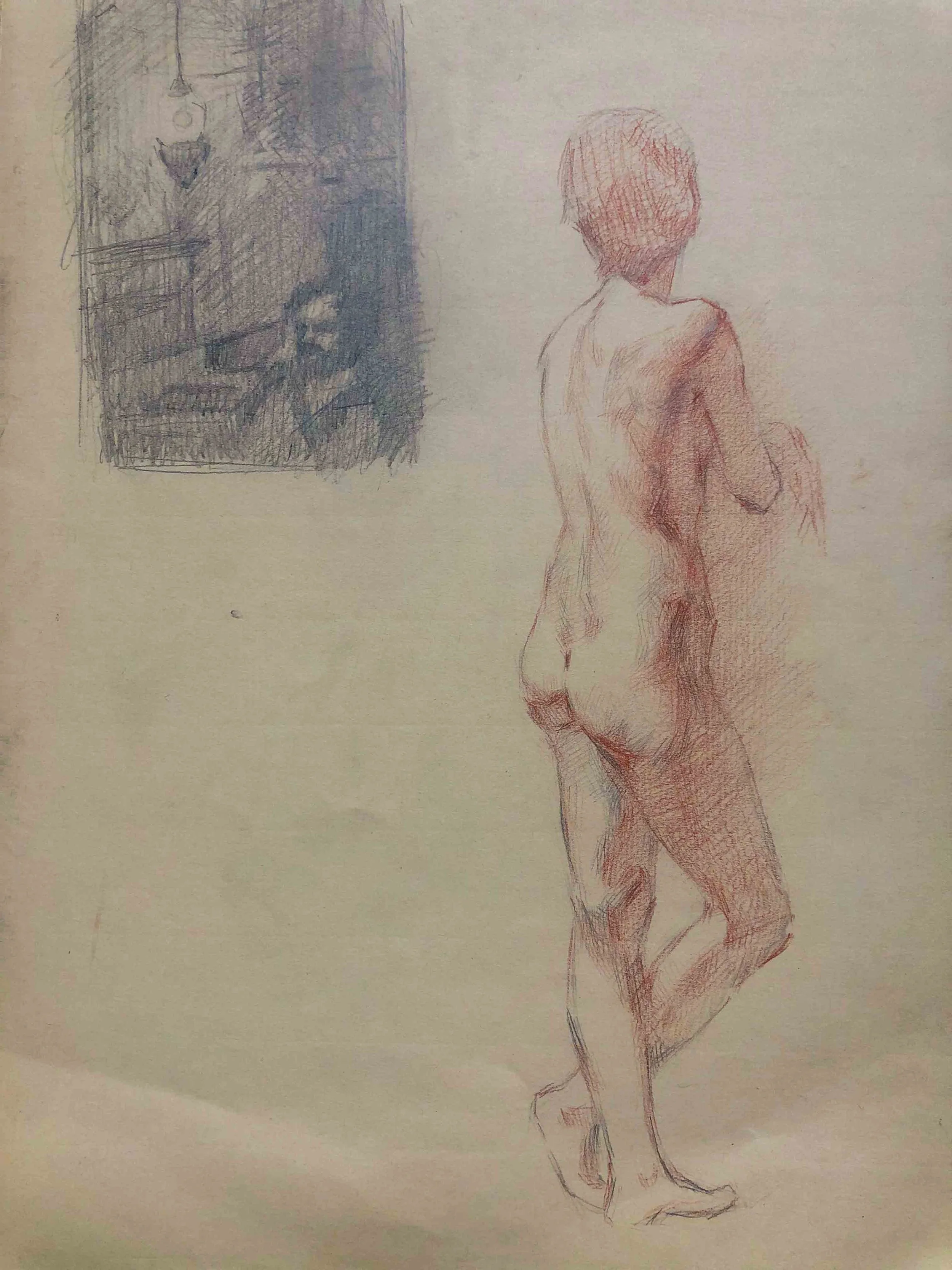 Figure study in sanguine with small compositional study, graphite and sanguine on toned paper, 25x35cm, 2025
