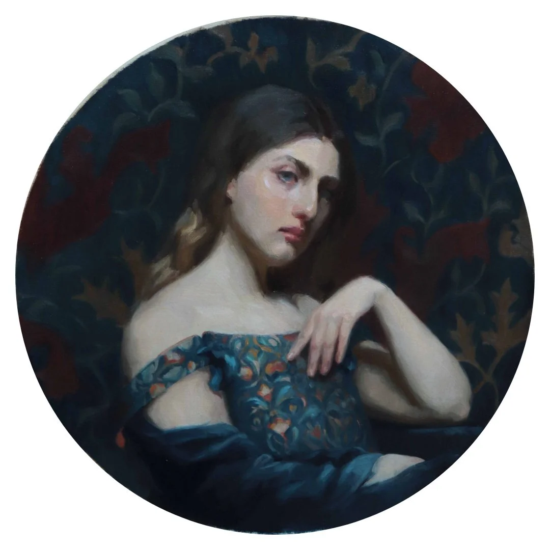 Anna Gloria inspired by the work of William Morris, oil on canvas, 70cm diameter, 2025