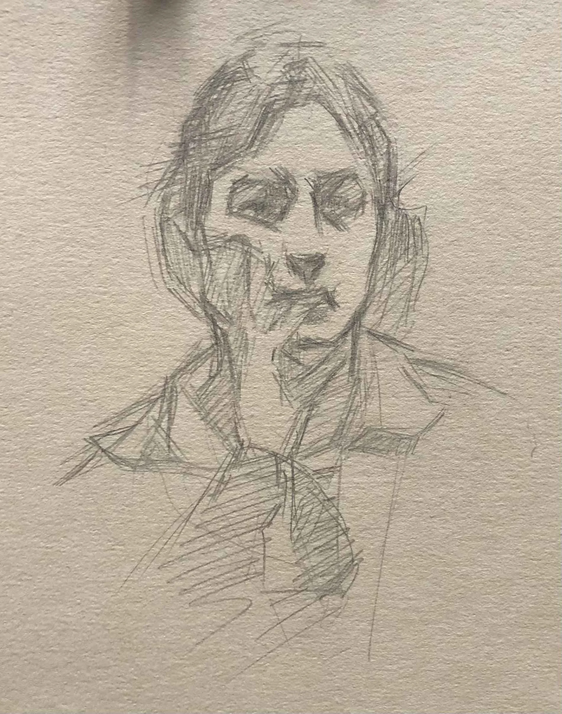 Preparatory sketch for ‘Smile!’ self portrait, graphite on hand- toned paper, 16x26cm, 2025