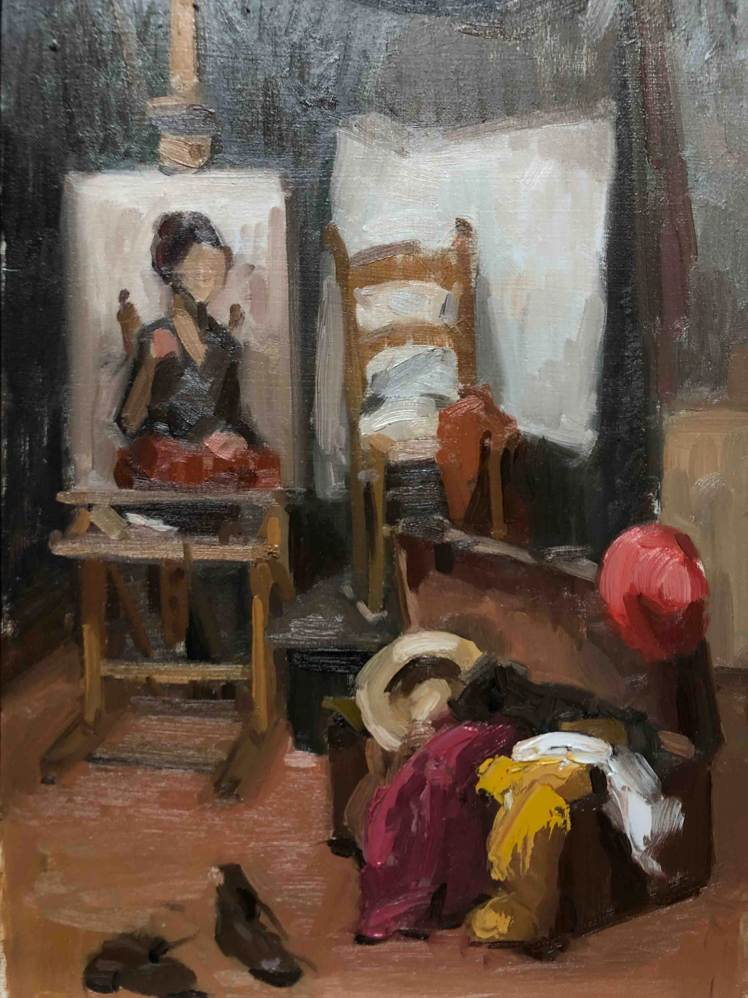 The dressing up box, oil on panel, 25x35cm, 2024