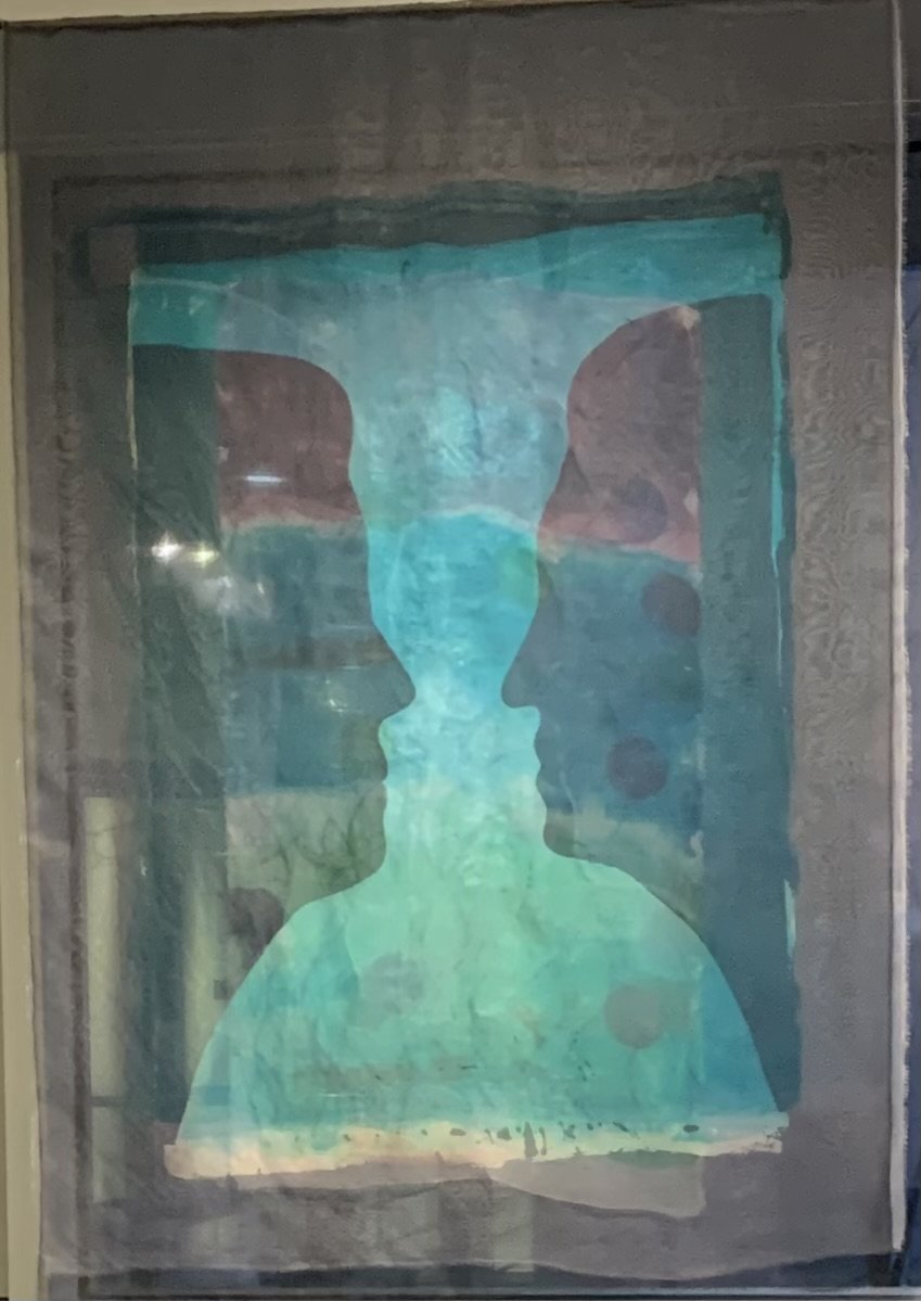 ReSet–Transparency, 2023.
Screen print and pochoir on silk organza, silk sutures. 60” H x 45” W