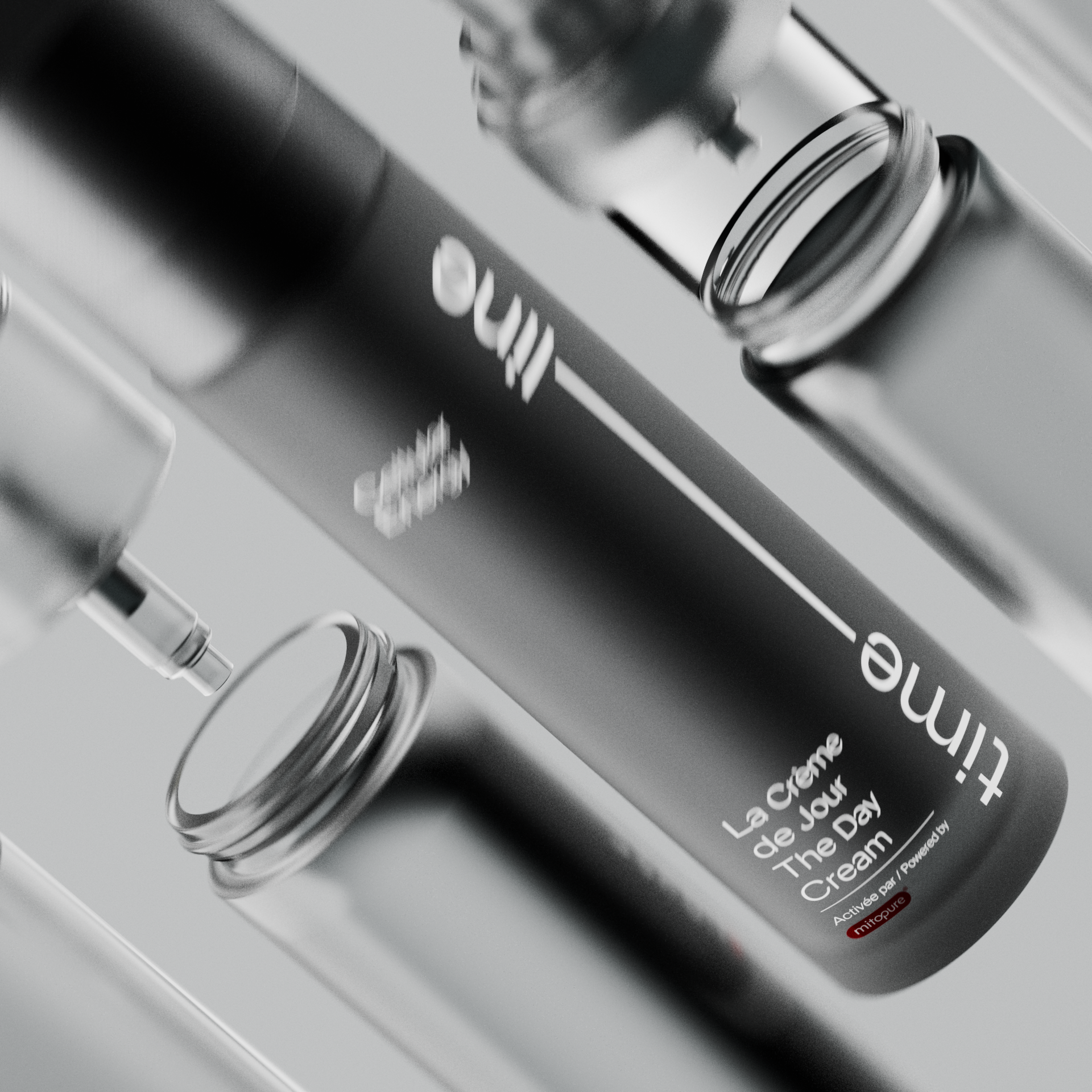 Timeline serum tubes and bottles in glass, Timeline Cure CGI animation by DissEmbargo for Timeline Nutrition