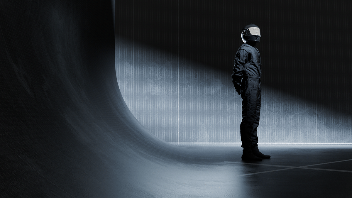 Driver standing in a dark curved corridor, Formula 1 2026 opening titles, 3D production by DissEmbargo