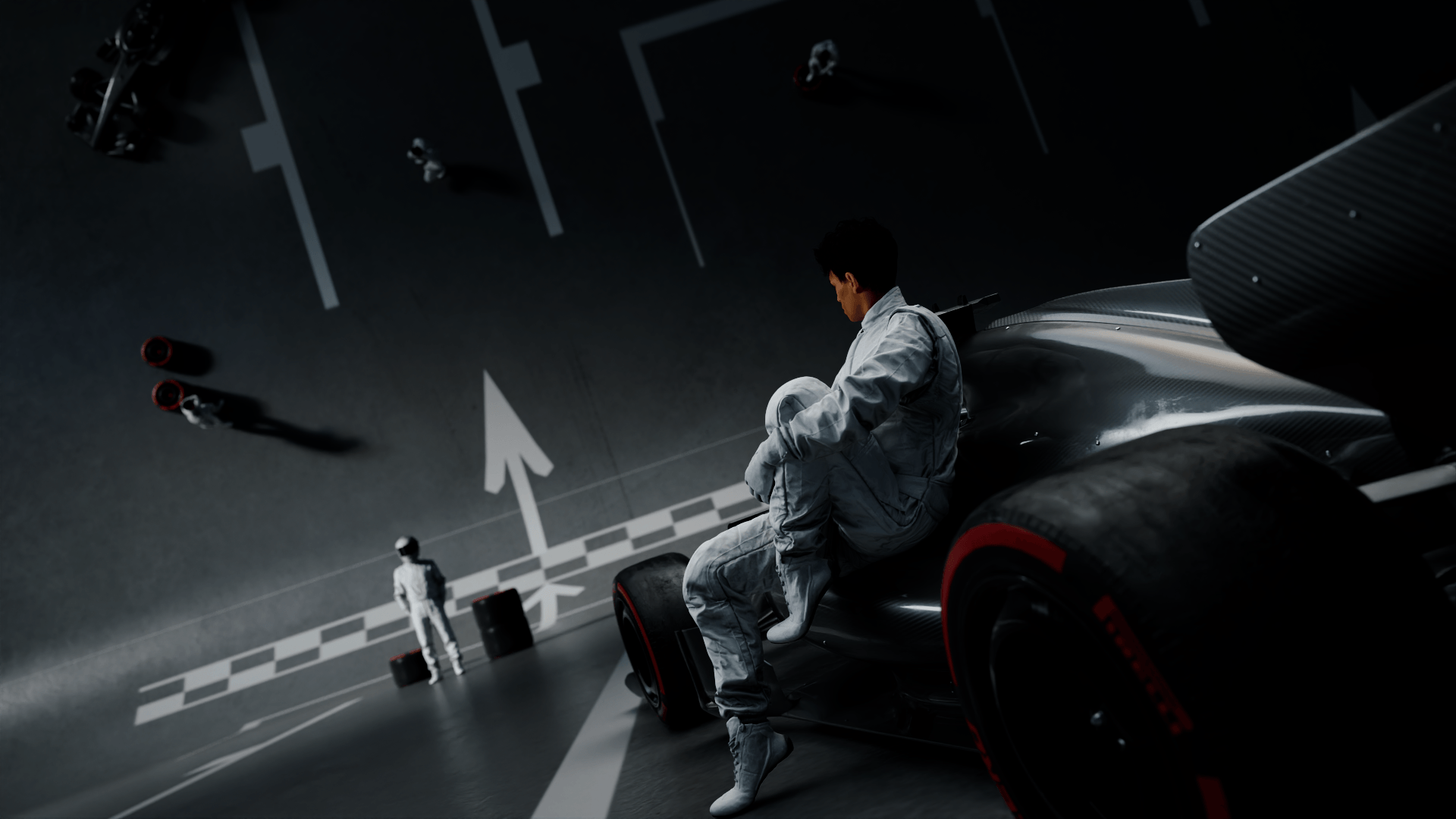 Driver crouched beside an F1 car with arrow graphics, Formula 1 2026 opening titles, 3D production by DissEmbargo
