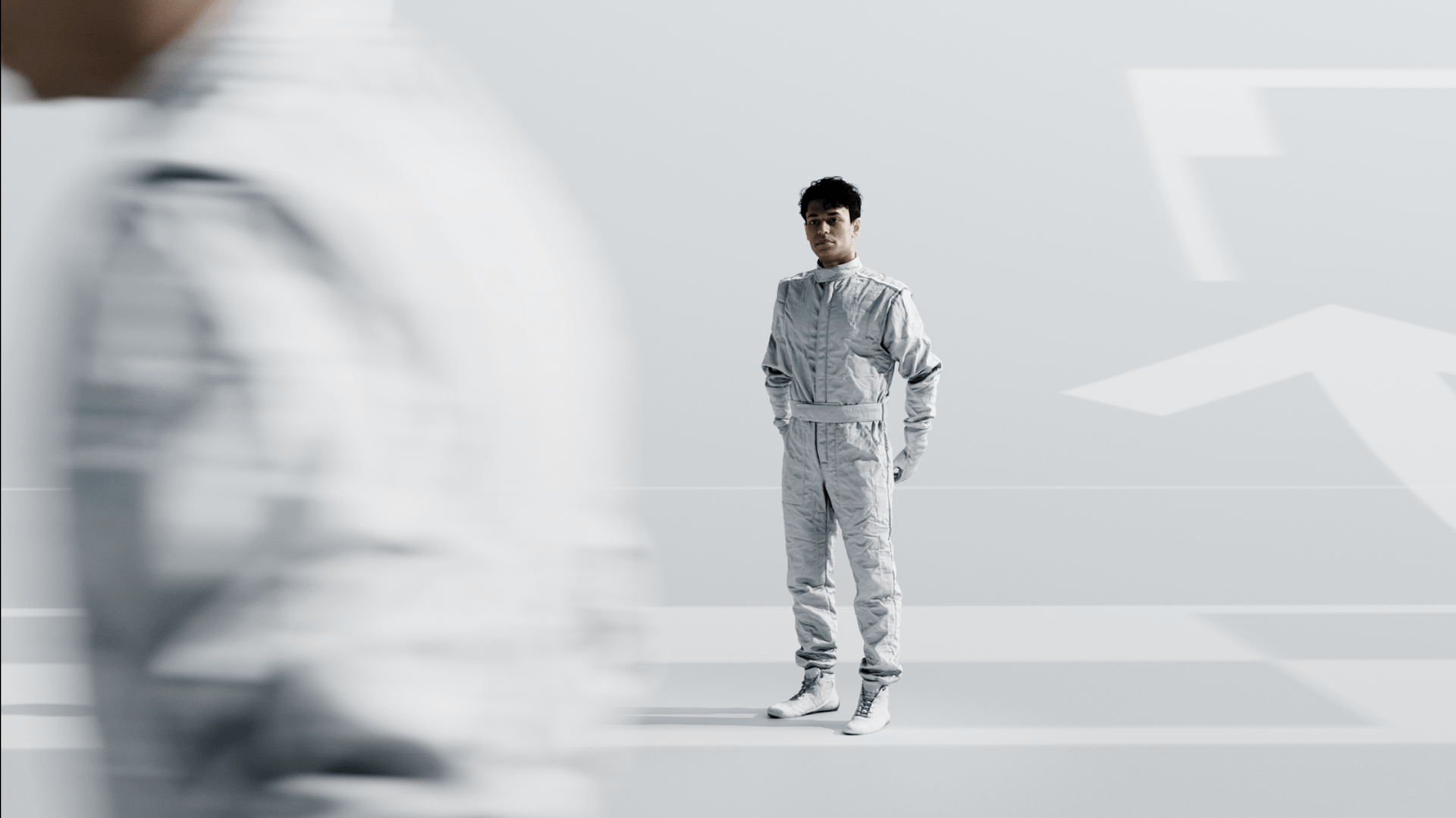 Driver in white race suit walking on white, Formula 1 2026 opening titles, 3D production by DissEmbargo