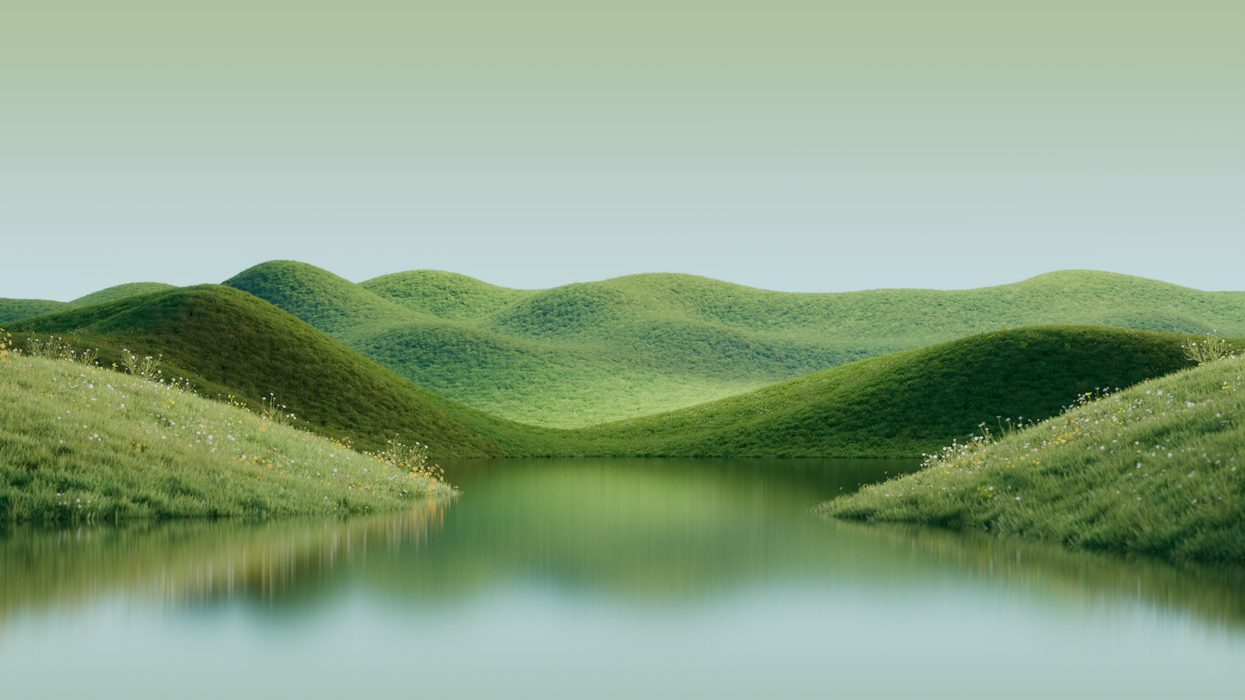 Green rolling hills reflected in still water, Prose scalp serum CGI launch film by DissEmbargo
