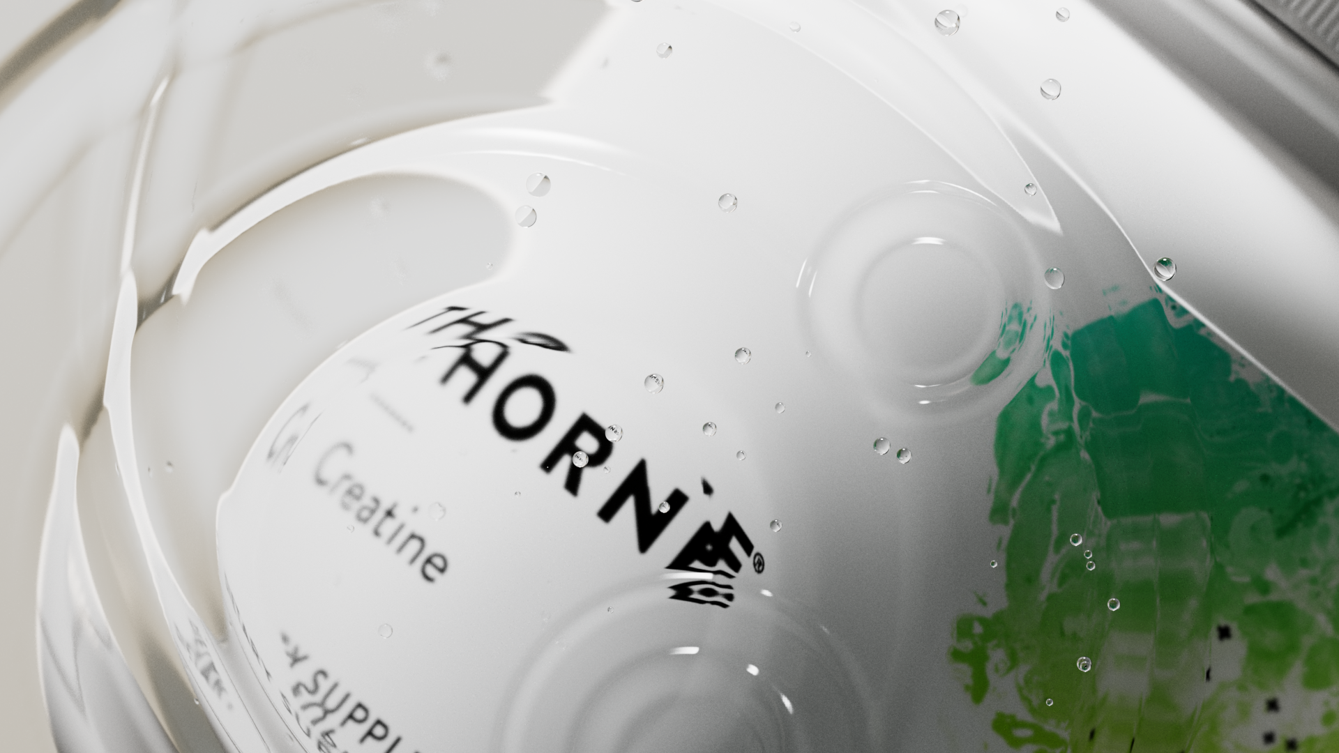 Thorne creatine tub with green particles, Thorne creatine CGI campaign by DissEmbargo