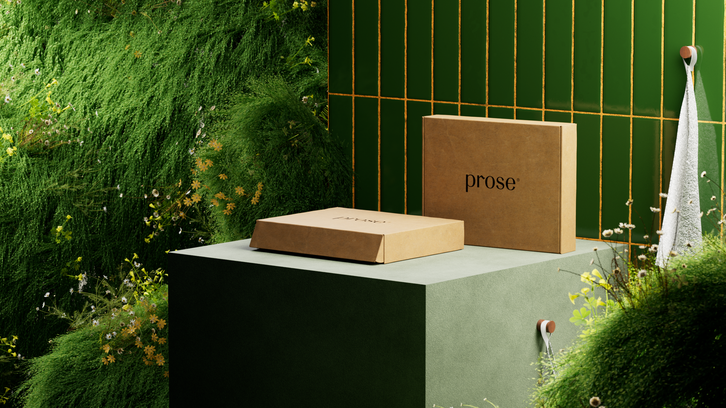 Prose serum box on a plinth with moss, Prose scalp serum CGI launch film by DissEmbargo