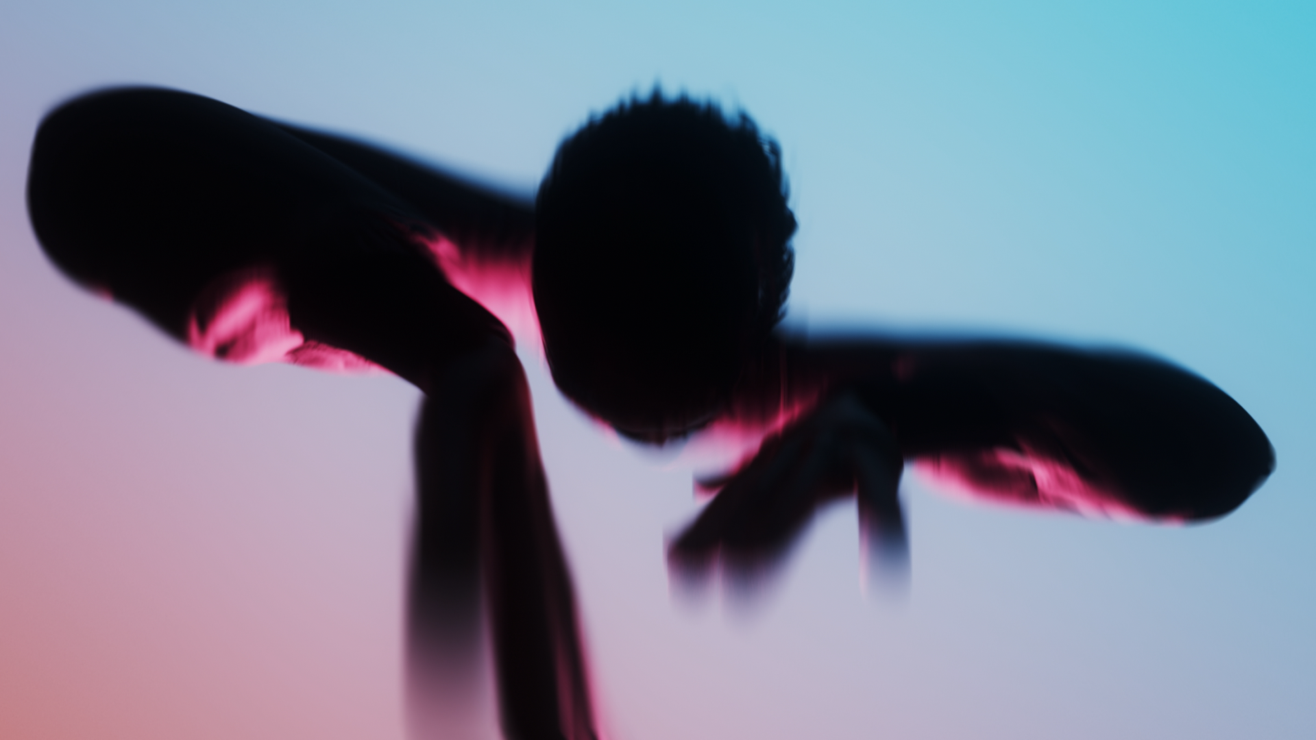 Echoic dancer mid-move on blue, Echoic Soundgasm launch film by DissEmbargo