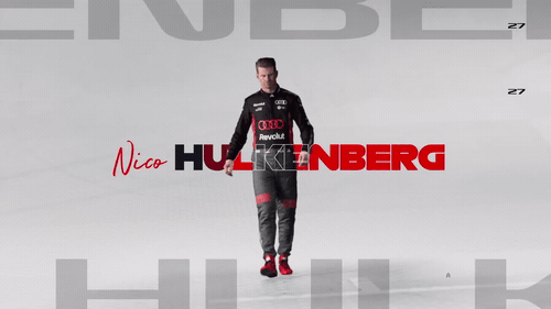 Nico Hulkenberg with Hulkenberg name graphic, Formula 1 2026 opening titles, 3D production by DissEmbargo