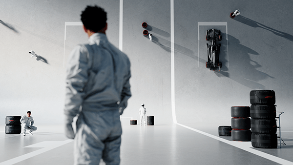 Driver in white race suit in a bright garage with tyres, Formula 1 2026 opening titles, 3D production by DissEmbargo