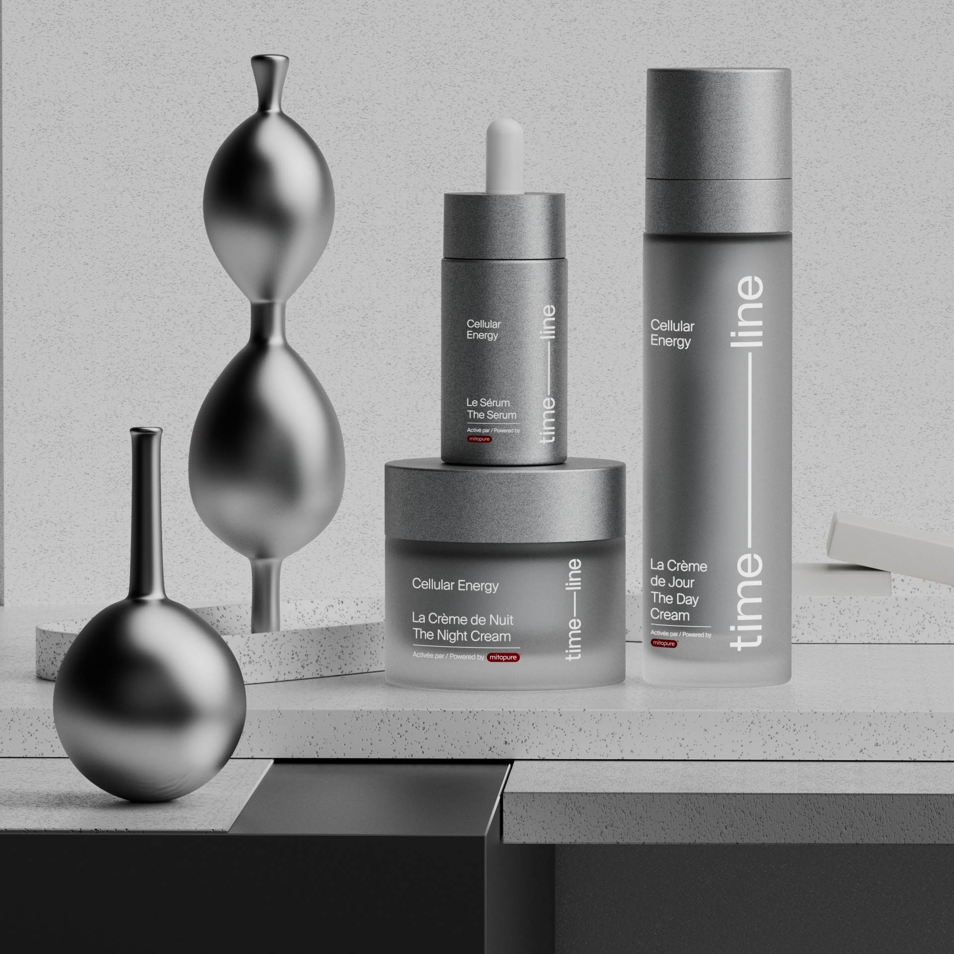 Timeline products with metal spheres, Timeline Cure CGI animation by DissEmbargo for Timeline Nutrition