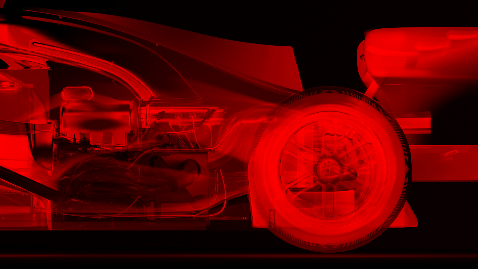 Red X-ray style F1 car in darkness, Formula 1 2026 opening titles, 3D production by DissEmbargo