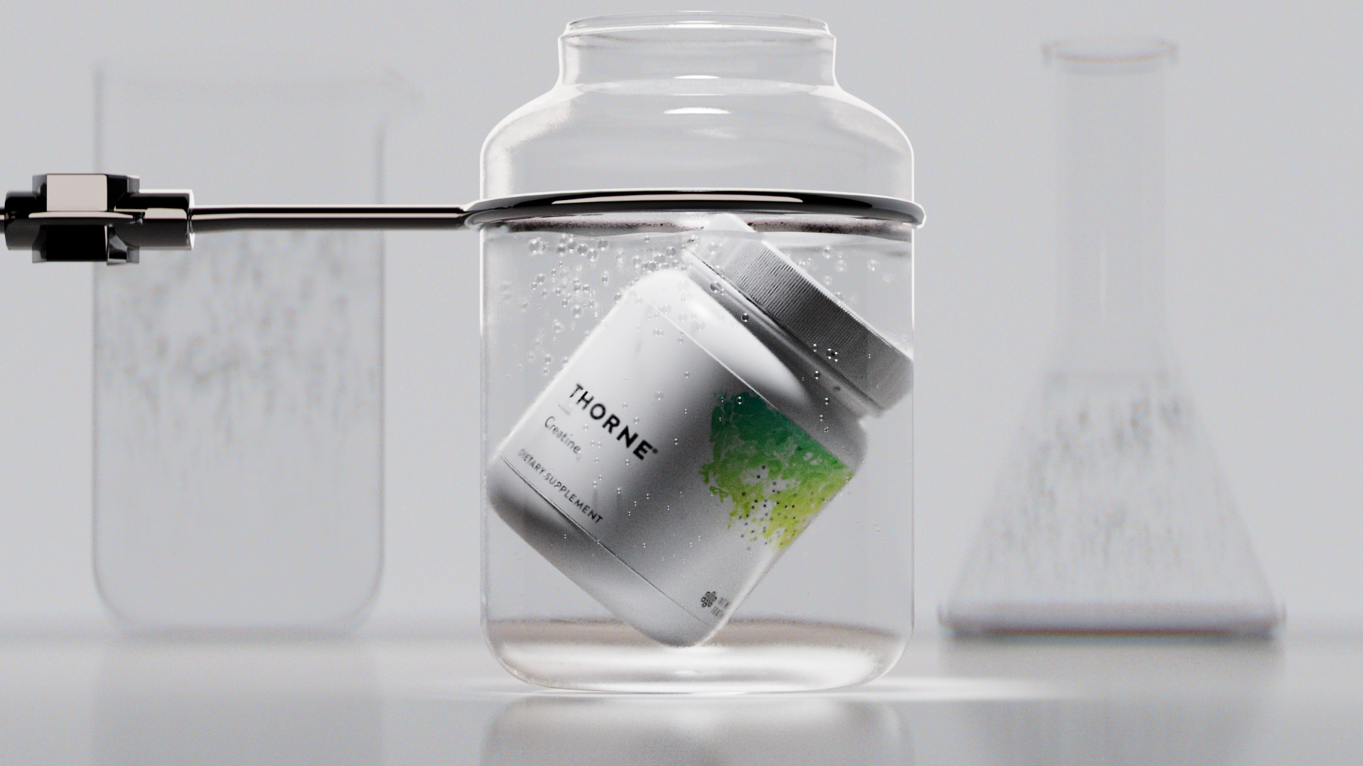 Thorne tub held in a lab clamp, Thorne creatine CGI campaign by DissEmbargo
