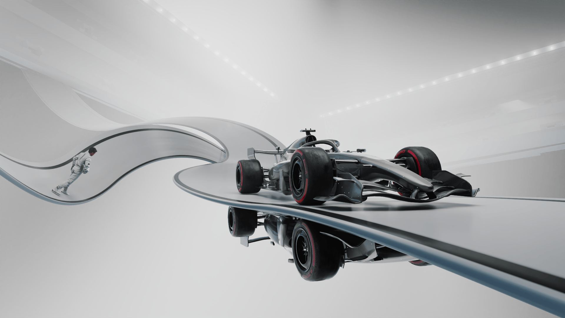 2026 F1 car on a sweeping white track ribbon, Formula 1 2026 opening titles, 3D production by DissEmbargo