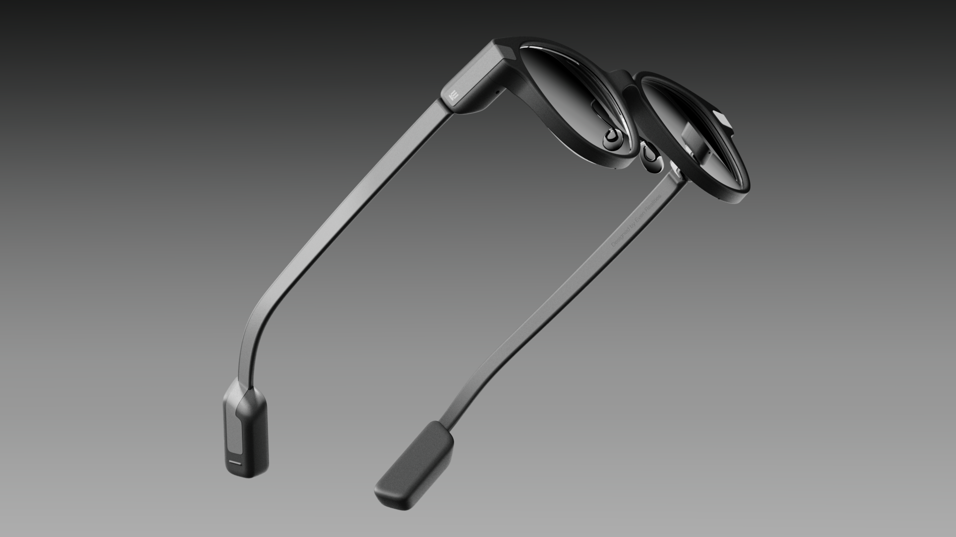 Glasses floating in a grey gradient, Even Realities smart glasses CGI by DissEmbargo