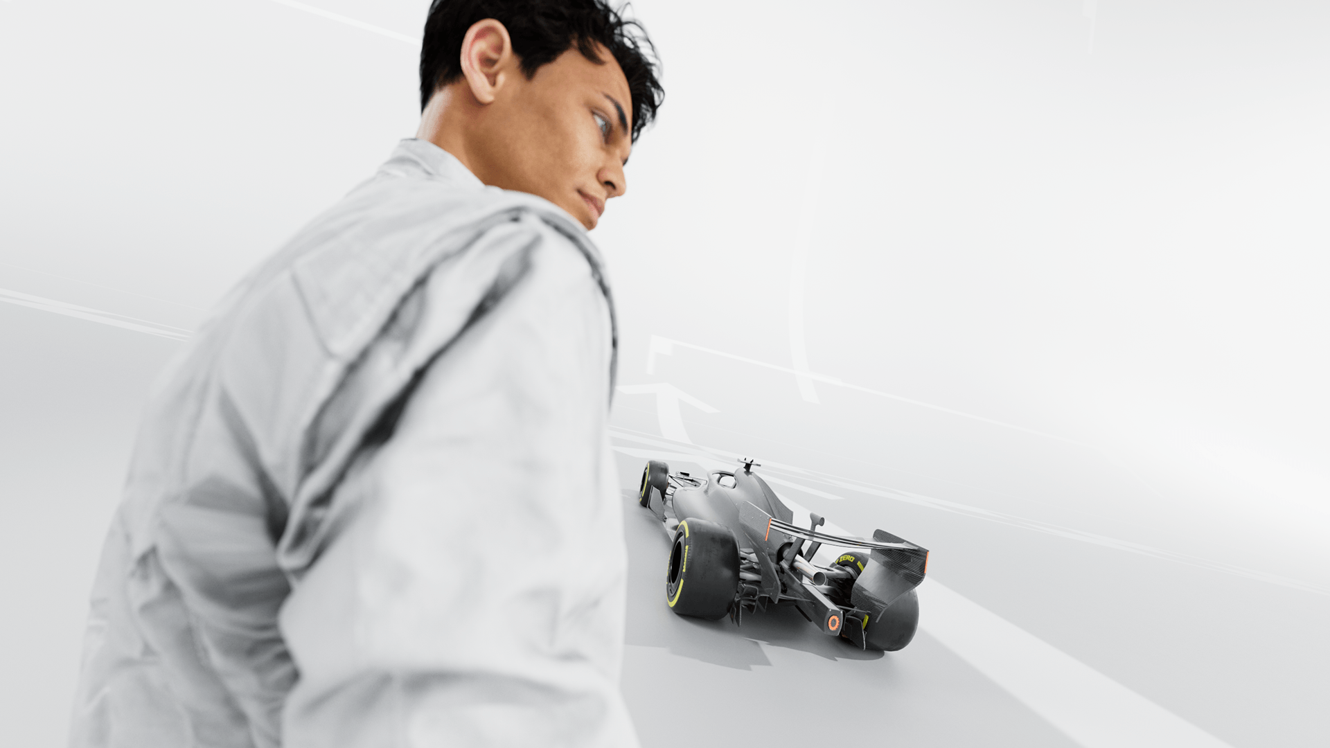Driver in white race suit beside a scale model car, Formula 1 2026 opening titles, 3D production by DissEmbargo